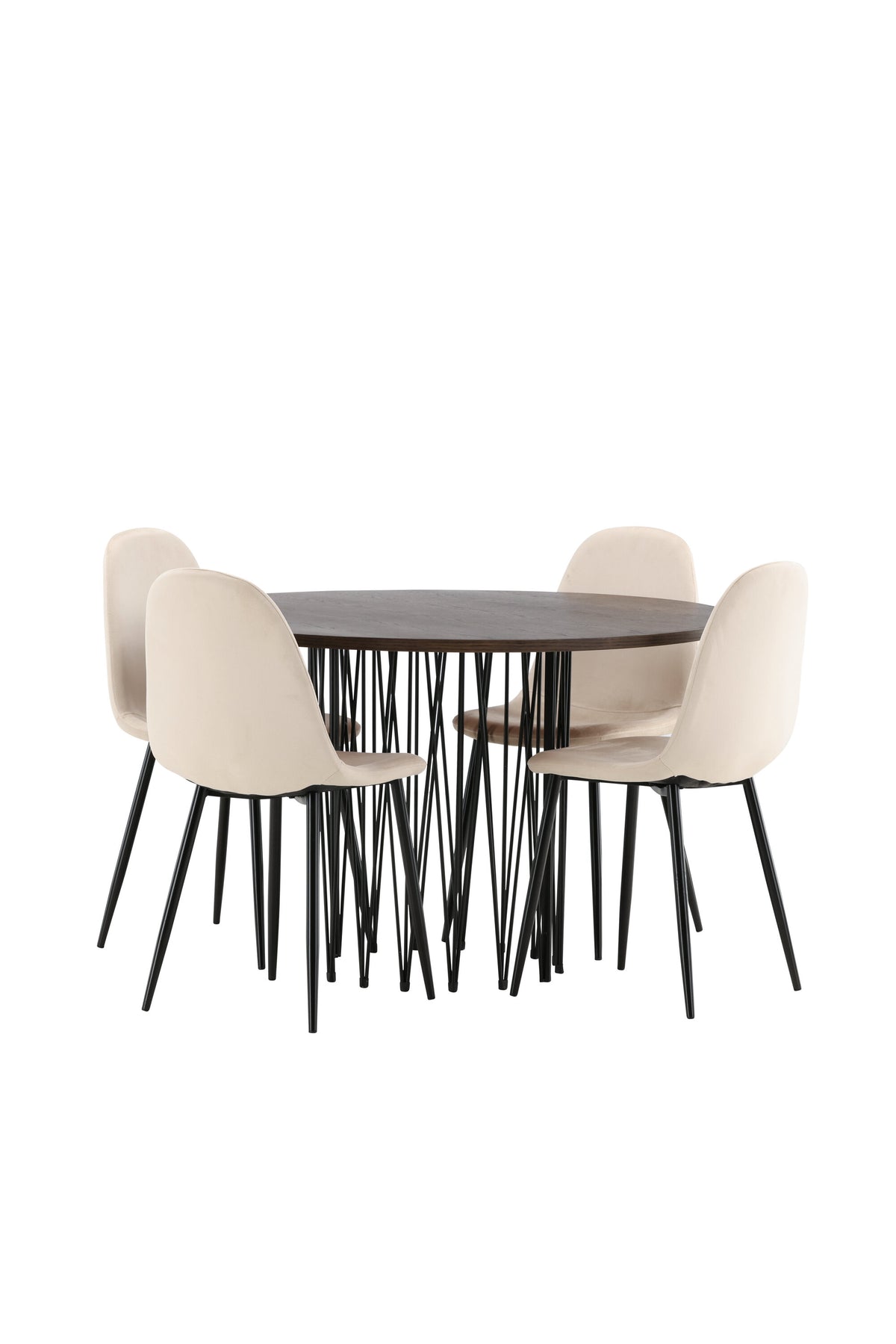 Rundes Esszimmerset mit Steinlook-Tisch aus MDF und Mocca-Furnier, schwarzem Metallgestell und vier Limhamn-Stühlen mit beigem Samtbezug.