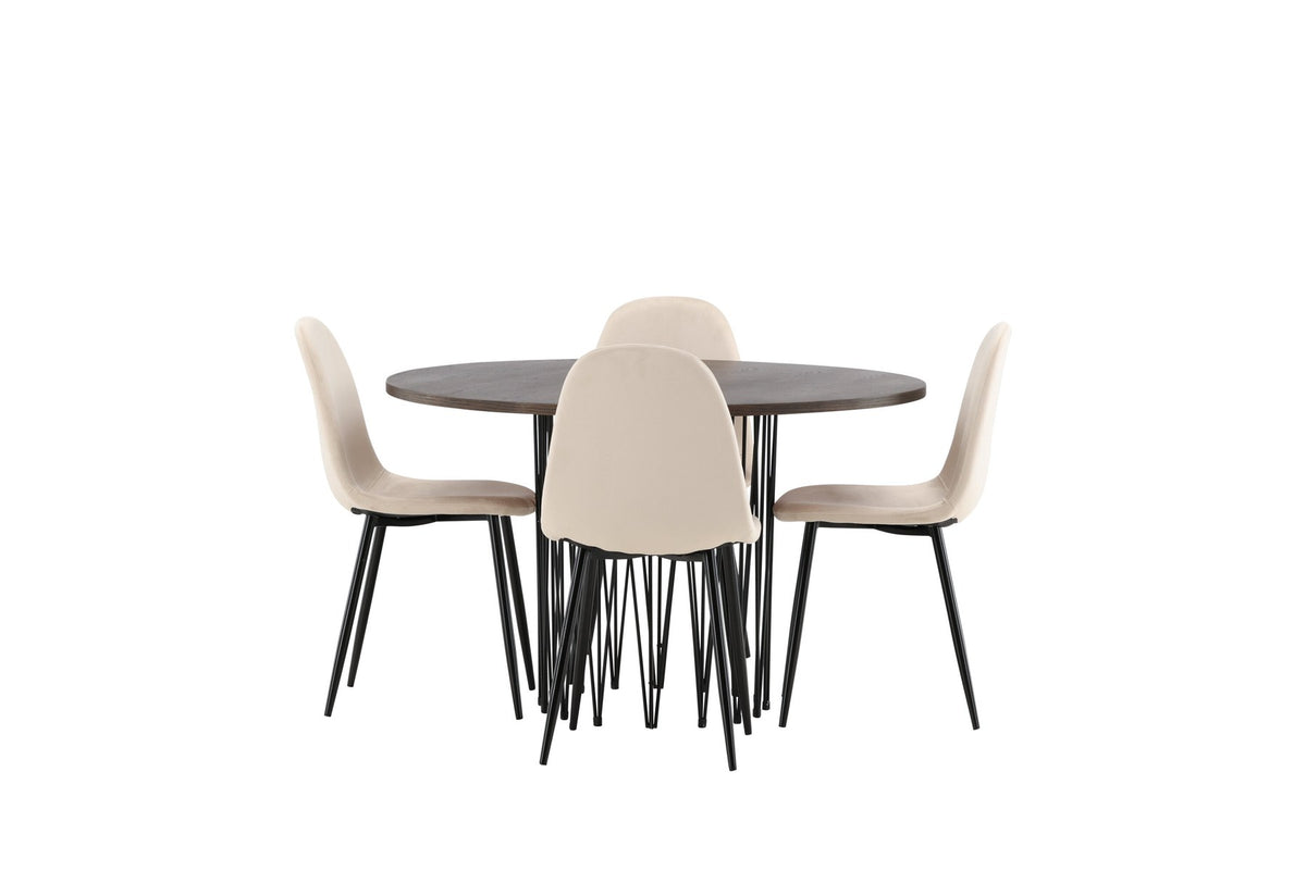 Rundes Esszimmerset mit Steinlook-Tisch aus MDF und Mocca-Furnier, schwarzem Metallgestell und vier Limhamn-Stühlen mit beigem Samtbezug.