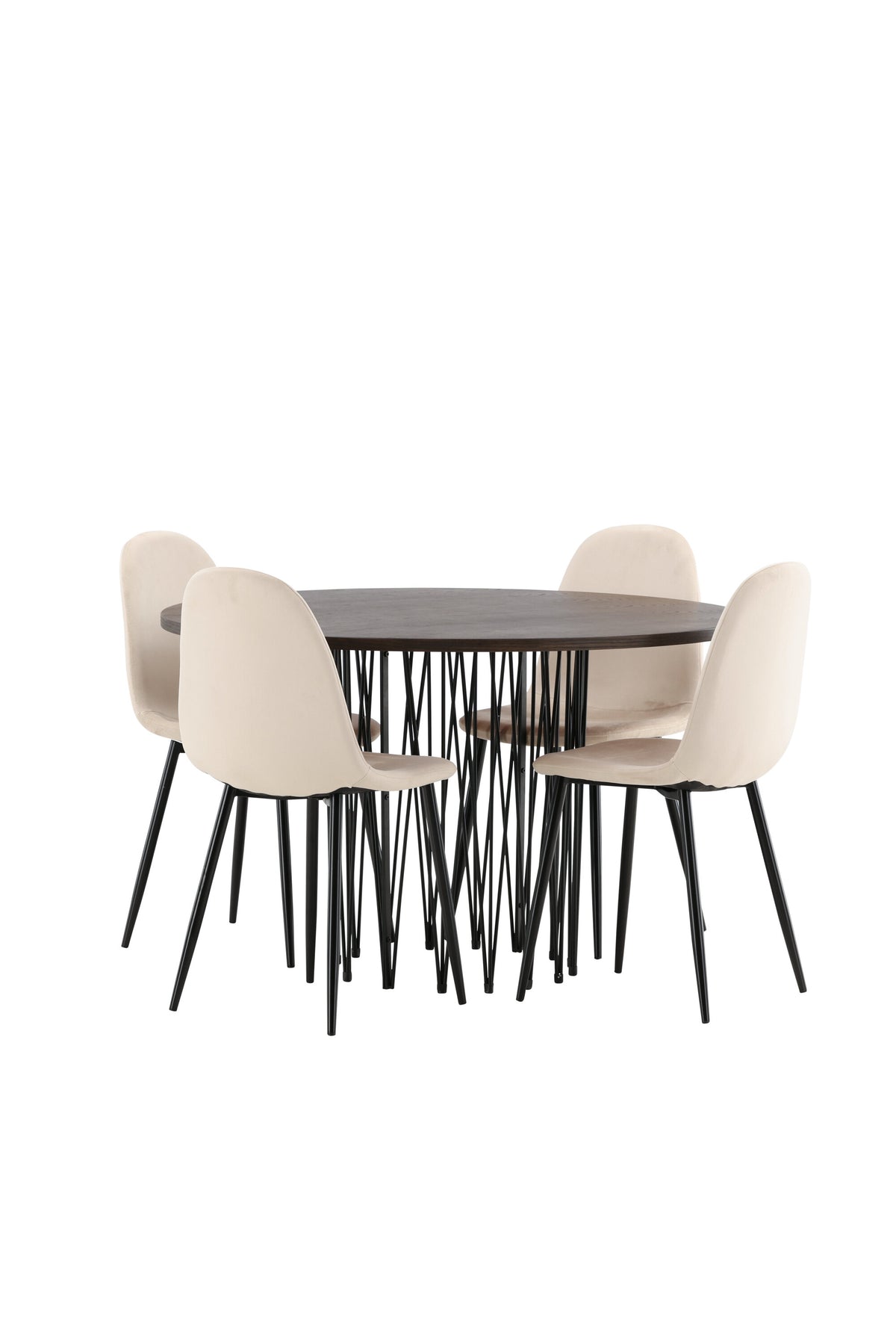 Rundes Esszimmerset mit Steinlook-Tisch aus MDF und Mocca-Furnier, schwarzem Metallgestell und vier Limhamn-Stühlen mit beigem Samtbezug.