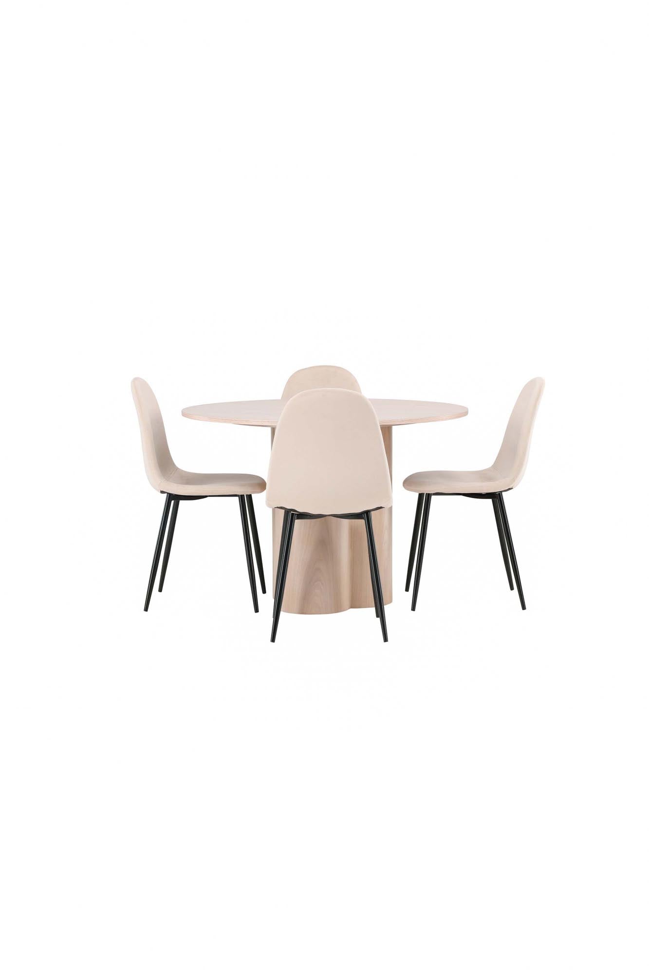Elegantes Esszimmer Set mit skandinavischem Design: runder Tisch und 4 bequeme Samt-Stühle für gesellige Abende.
