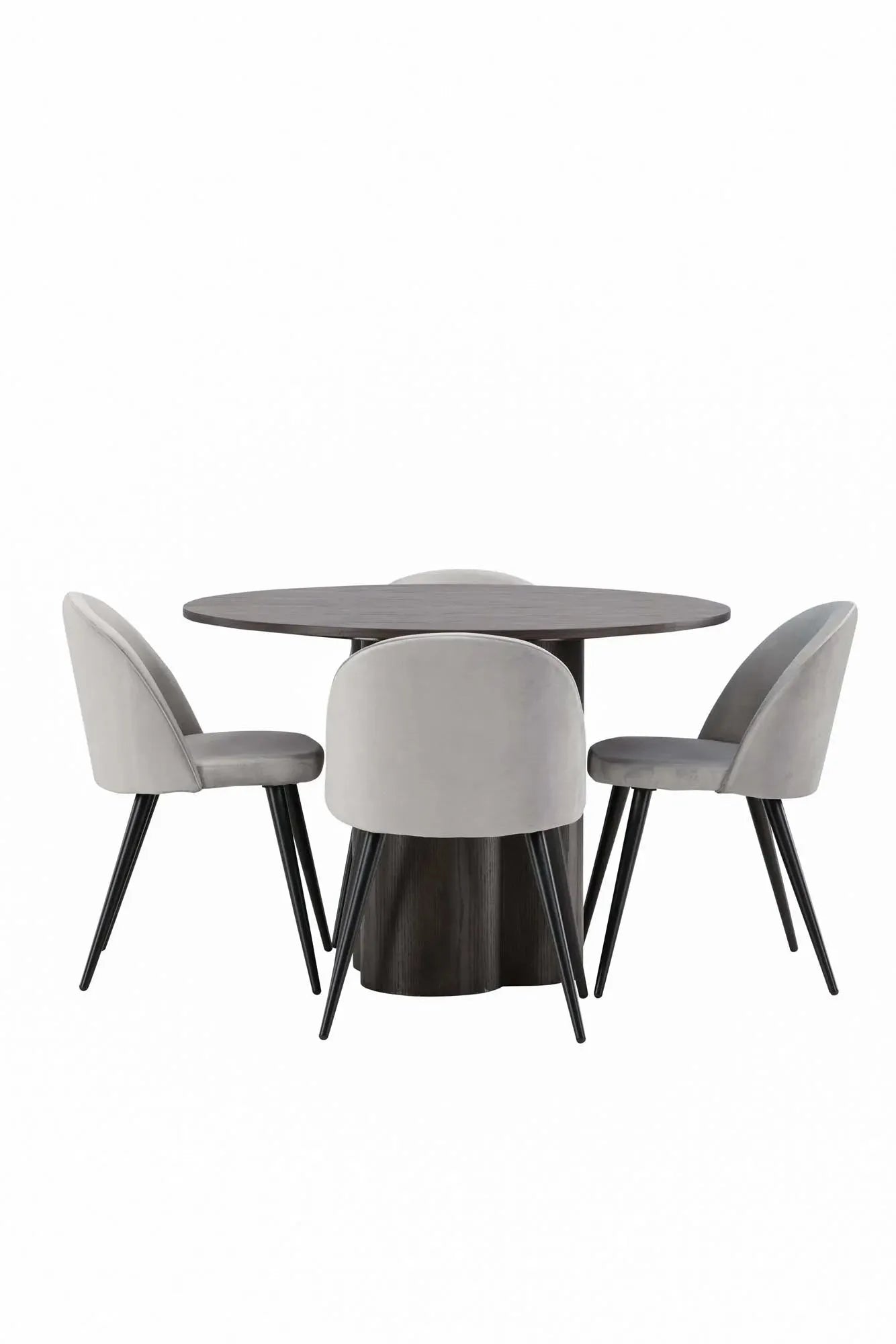 Elegantes Olivia Esszimmer Set: Runder Tisch in Mokka, 4 graue Samtstühle, skandinavisches Design, ideal für gesellige Abende.