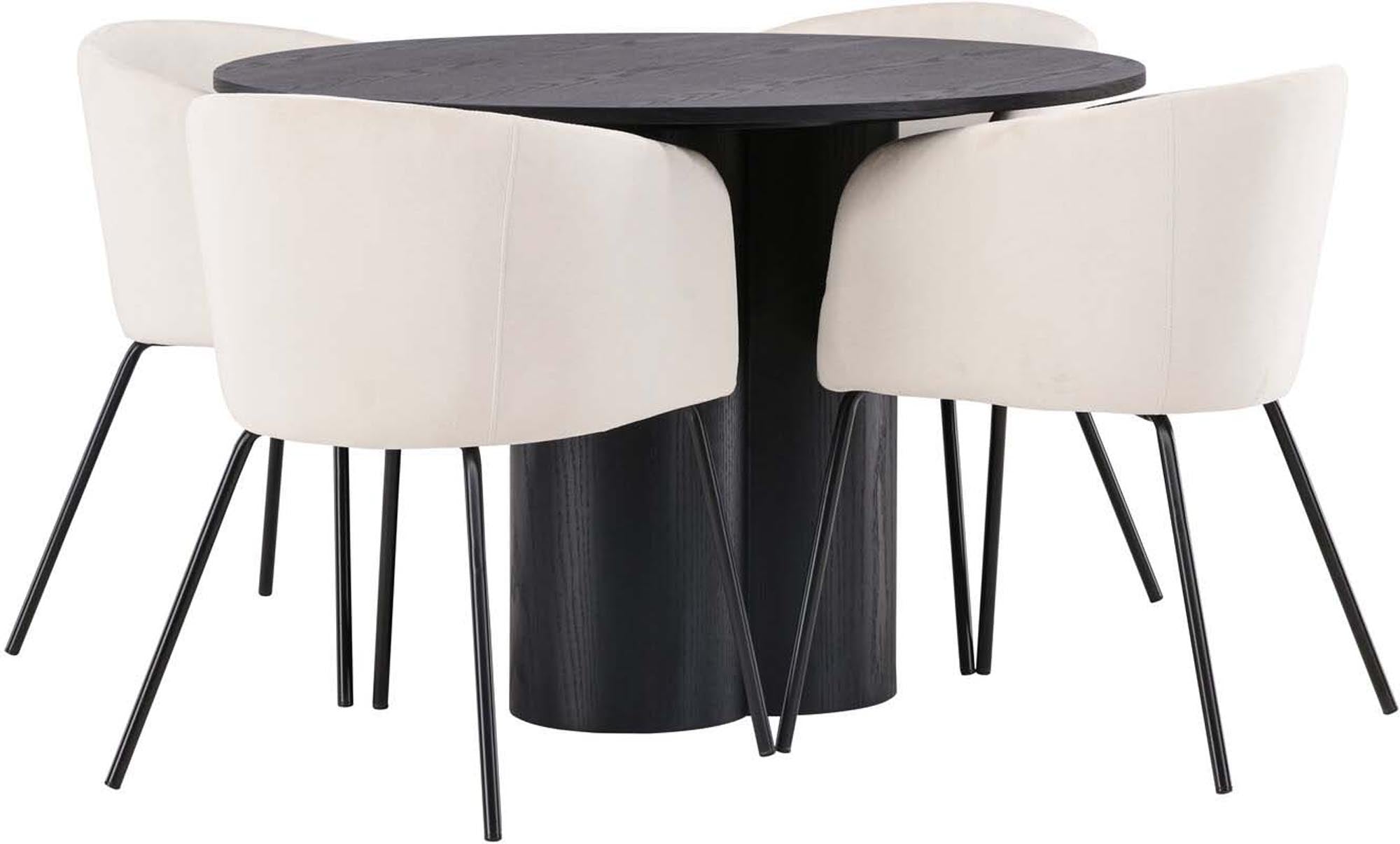 Stilvolles Olivia Esszimmer Set mit runden 110 cm Tisch und 4 komfortablen Berit Stühlen. Perfekt für gesellige Abende und elegante Anlässe.