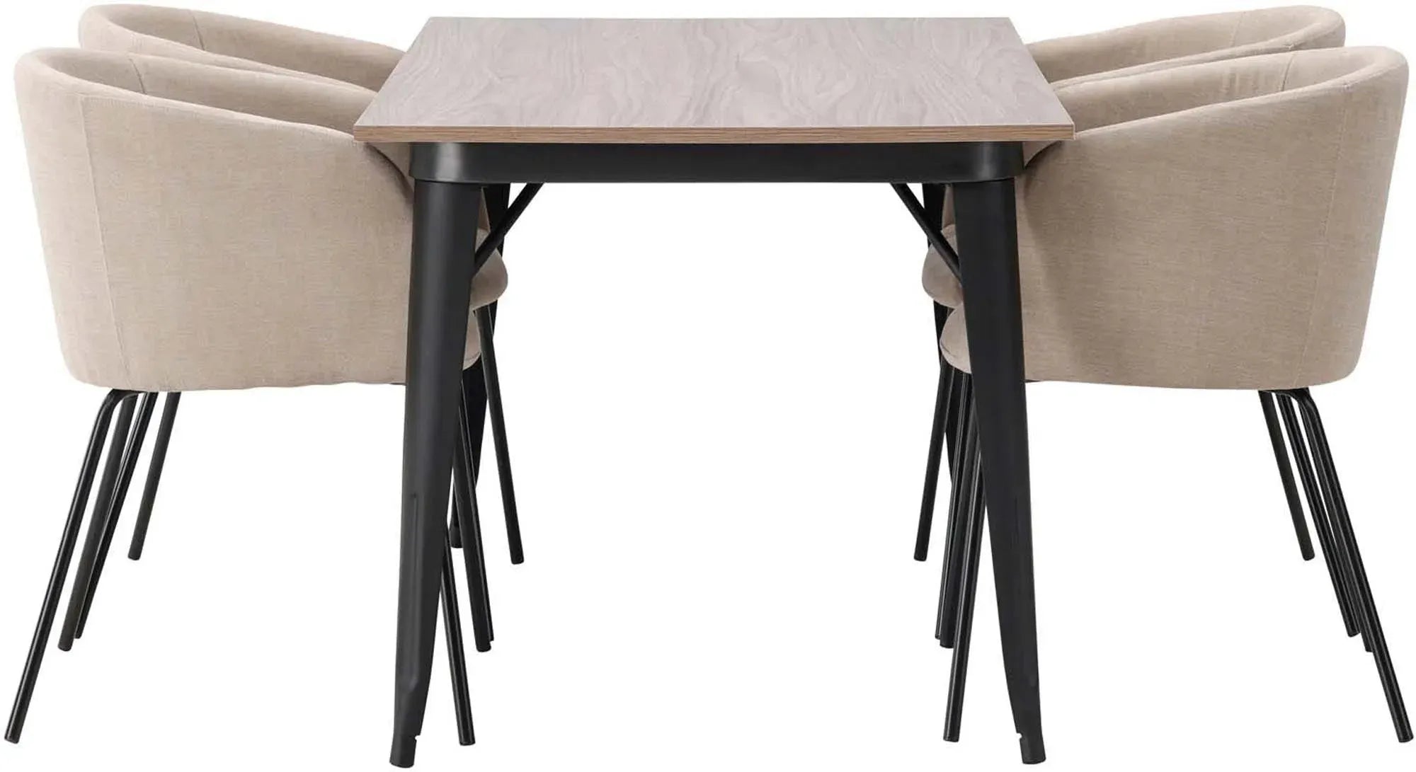 Stilvolles Tempe Esszimmerset: Walnuss-MDF Tisch, schwarze Metallbeine, gepolsterte Berit Stühle. Skandinavische Eleganz für 4 Personen.