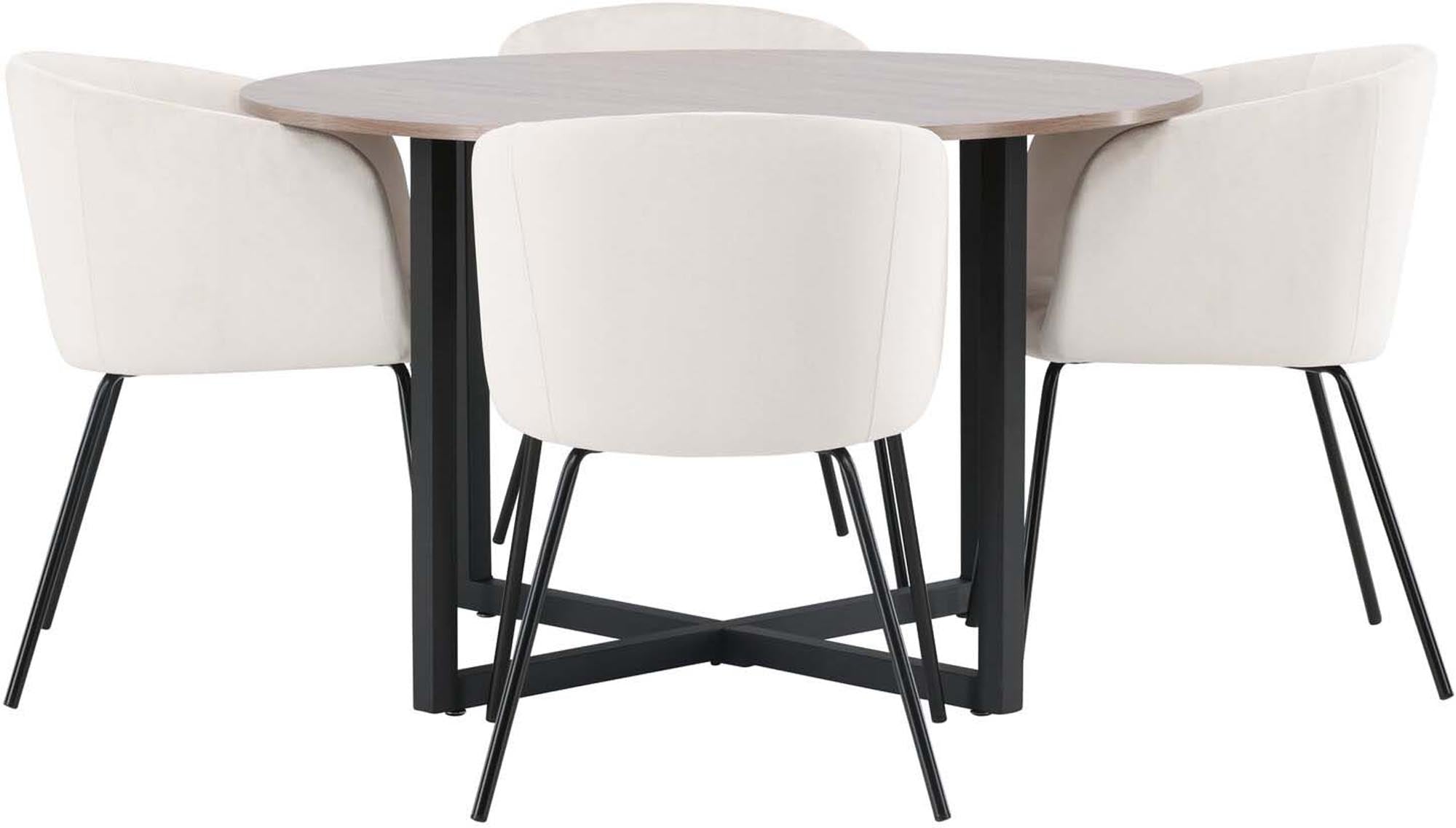 Das Esszimmerset Durango mit dem runden Tisch Berit (⌀120cm) und 4 Stühlen von Venture Home bietet Stil und Bequemlichkeit.