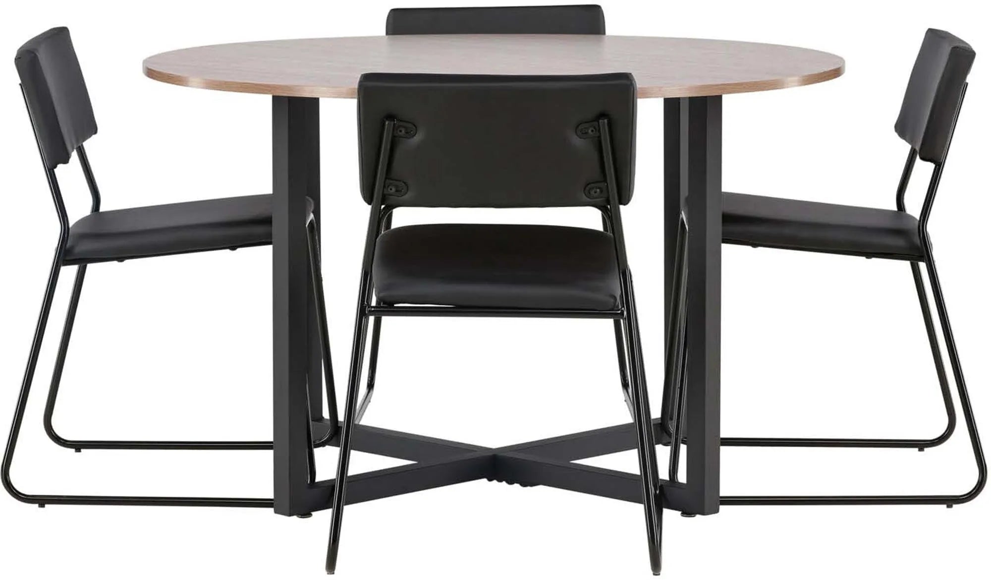 Stilvolles Durango Esszimmerset: Walnuss-Tisch, schwarze Stahlbeine, Kenth-Stühle mit PU-Leder, ideal für moderne Räume.