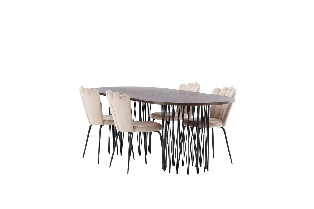 Ovaler Esstisch mit Tischplatte aus MDF mit Mocca-Furnier und schwarzem Metallgestell, umgeben von vier Limhamn-Stühlen mit beigem Samtbezug.