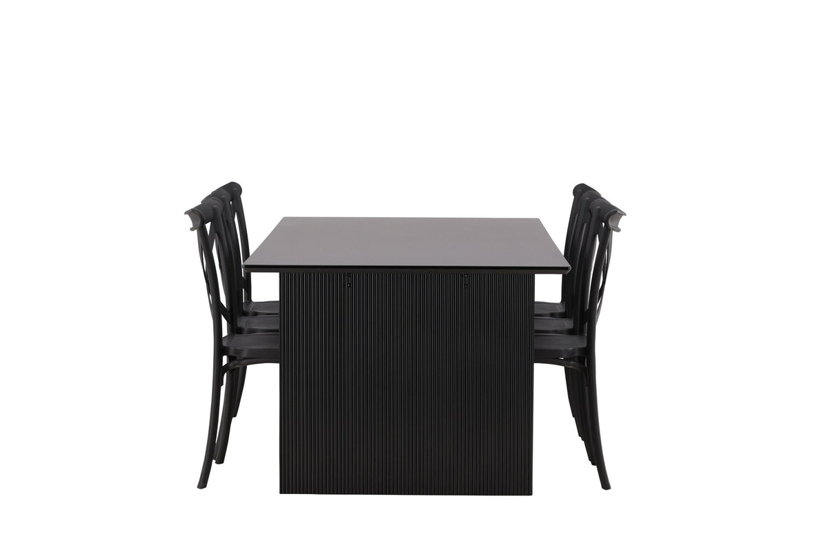 Esszimmerset aus rechteckigem MDF-Tisch in Rauchschwarz mit sechs Limhamn-Stühlen, beiger Samtbezug, muschelförmige Rückenlehne, schwarze Metallbeine.