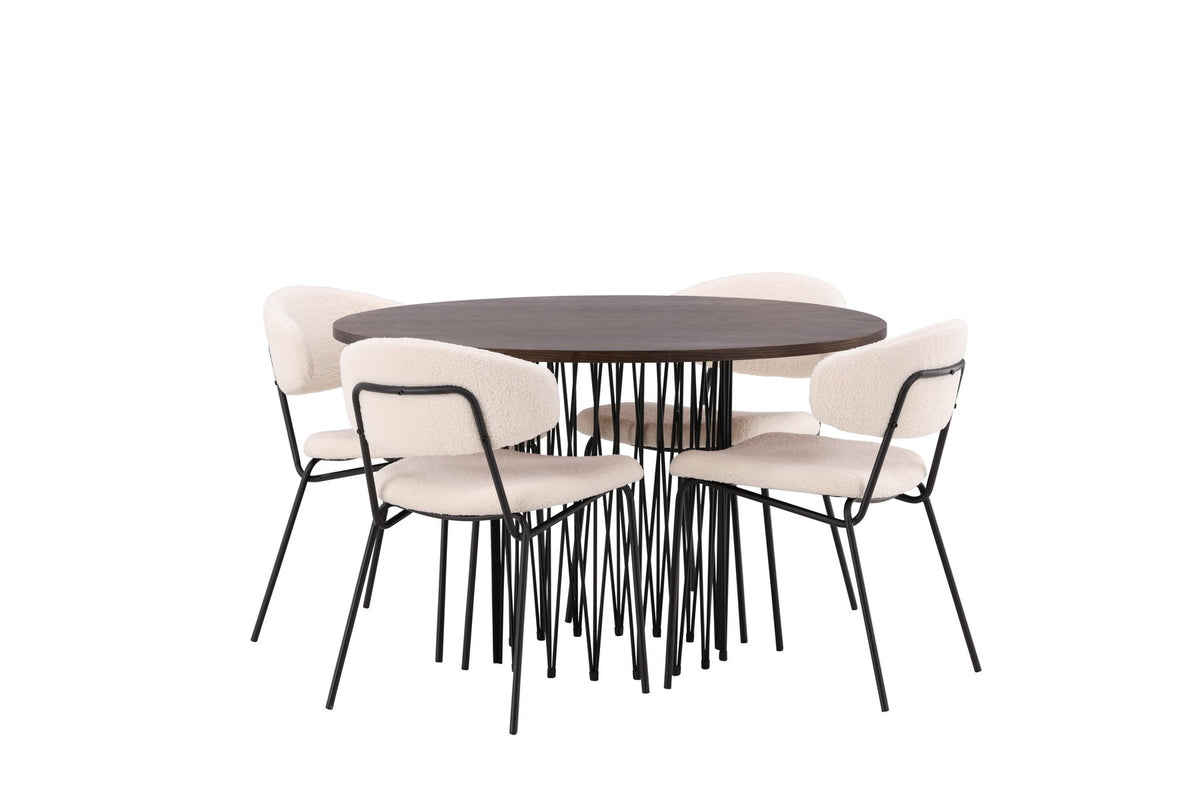 Rundes Esszimmerset mit Steinlook-Tisch aus MDF und Mocca-Furnier, schwarzem Metallgestell und vier Limhamn-Stühlen mit beigem Samtbezug.