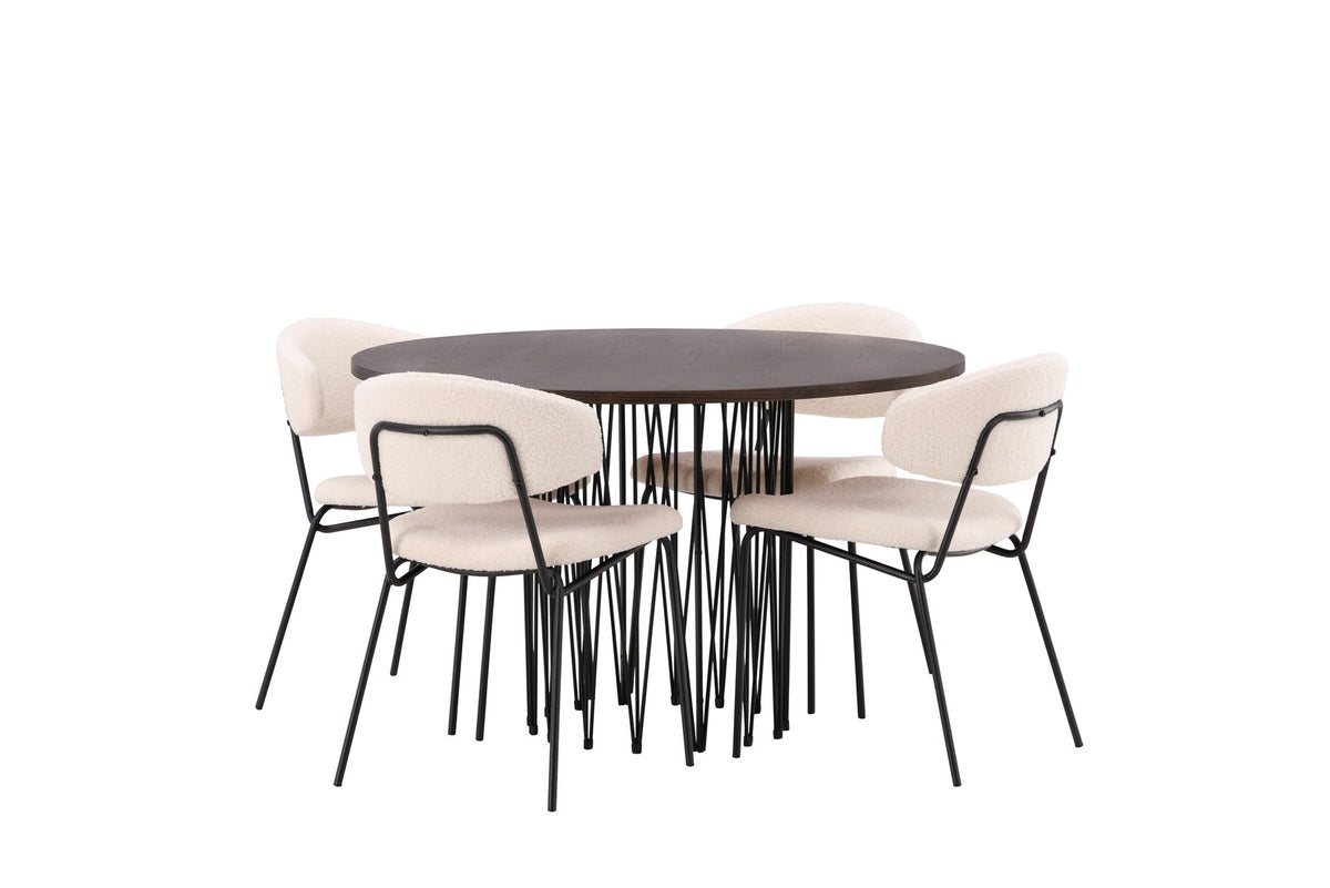 Rundes Esszimmerset mit Steinlook-Tisch aus MDF und Mocca-Furnier, schwarzem Metallgestell und vier Limhamn-Stühlen mit beigem Samtbezug.