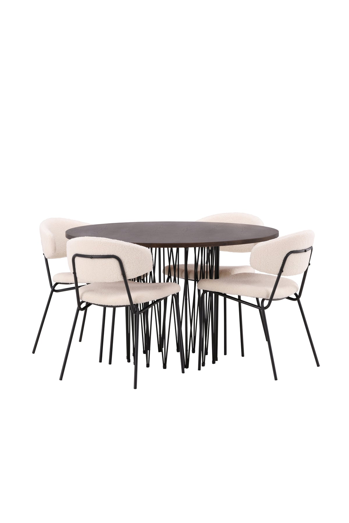 Rundes Esszimmerset mit Steinlook-Tisch aus MDF und Mocca-Furnier, schwarzem Metallgestell und vier Limhamn-Stühlen mit beigem Samtbezug.