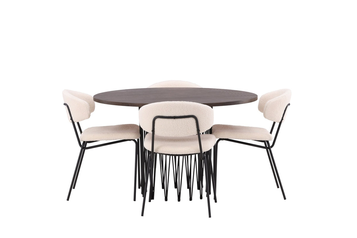 Rundes Esszimmerset mit Steinlook-Tisch aus MDF und Mocca-Furnier, schwarzem Metallgestell und vier Limhamn-Stühlen mit beigem Samtbezug.