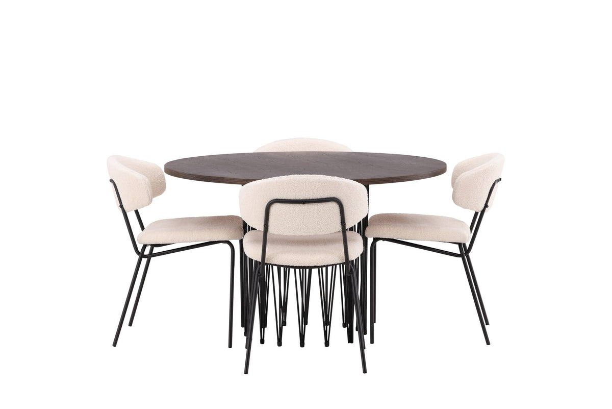 Rundes Esszimmerset mit Steinlook-Tisch aus MDF und Mocca-Furnier, schwarzem Metallgestell und vier Limhamn-Stühlen mit beigem Samtbezug.