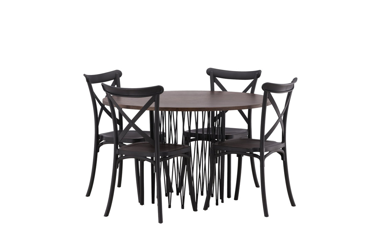 Rundes Esszimmerset mit Steinlook-Tisch aus MDF und Mocca-Furnier, schwarzem Metallgestell und vier Limhamn-Stühlen mit beigem Samtbezug.
