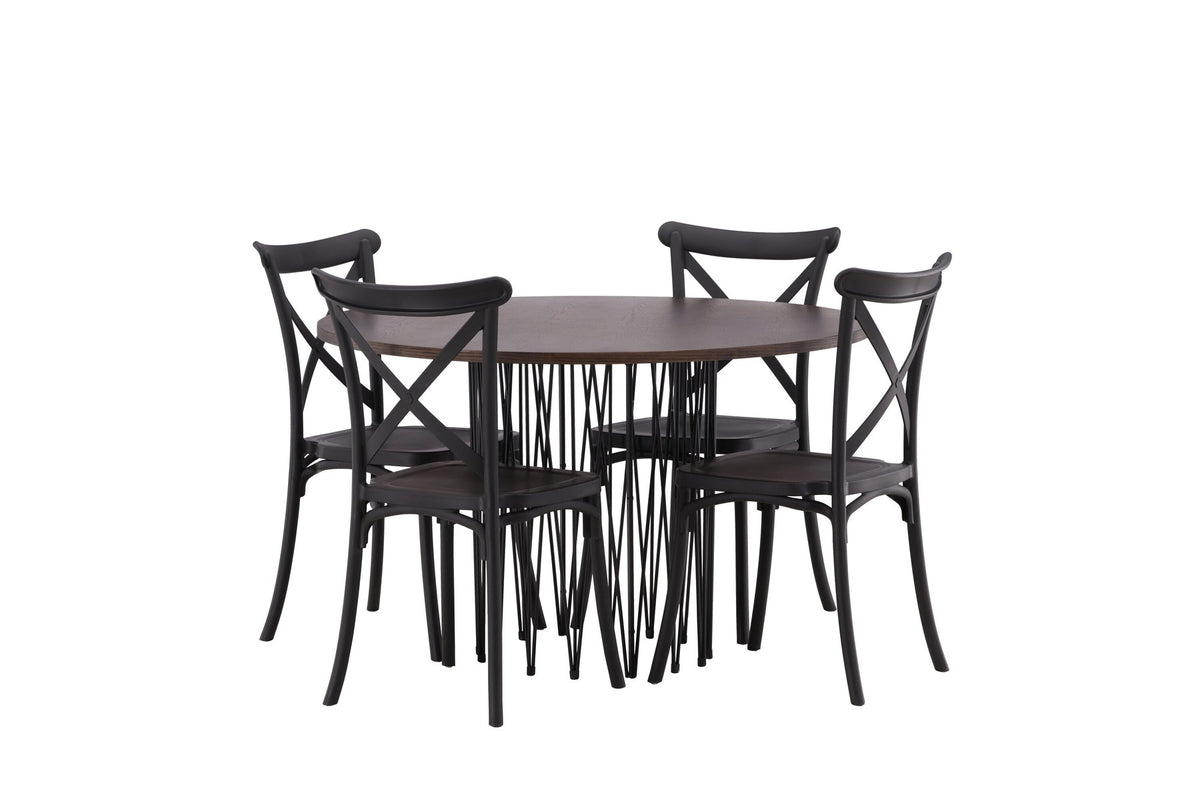 Rundes Esszimmerset mit Steinlook-Tisch aus MDF und Mocca-Furnier, schwarzem Metallgestell und vier Limhamn-Stühlen mit beigem Samtbezug.