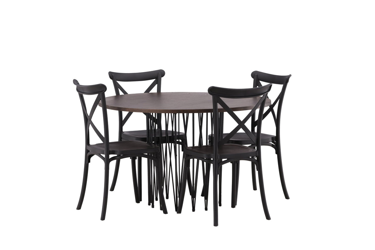 Rundes Esszimmerset mit Steinlook-Tisch aus MDF und Mocca-Furnier, schwarzem Metallgestell und vier Limhamn-Stühlen mit beigem Samtbezug.