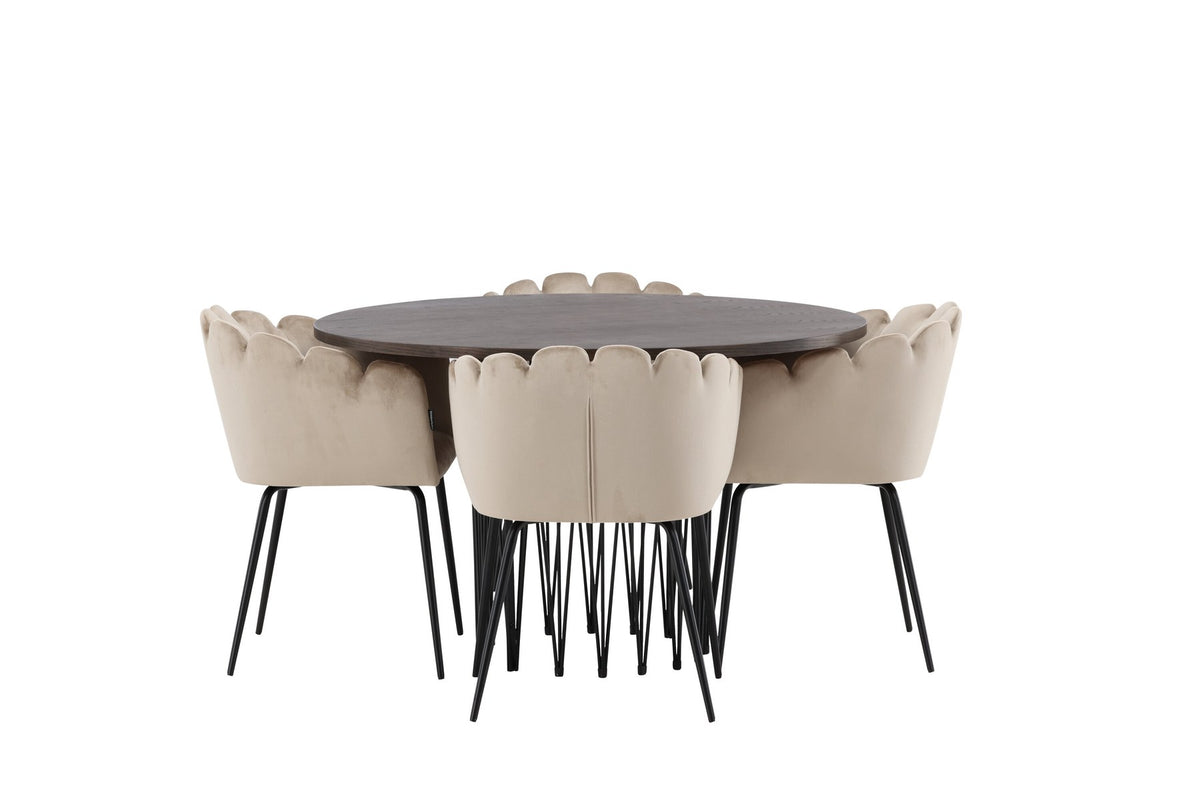 Rundes Esszimmerset mit Steinlook-Tisch aus MDF und Mocca-Furnier, schwarzem Metallgestell und vier Limhamn-Stühlen mit beigem Samtbezug.