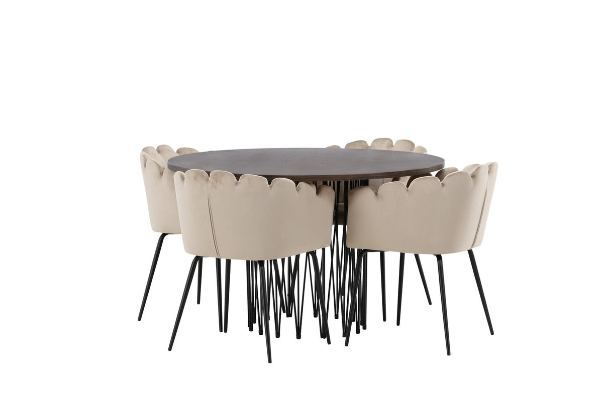 Rundes Esszimmerset mit Steinlook-Tisch aus MDF und Mocca-Furnier, schwarzem Metallgestell und vier Limhamn-Stühlen mit beigem Samtbezug.
