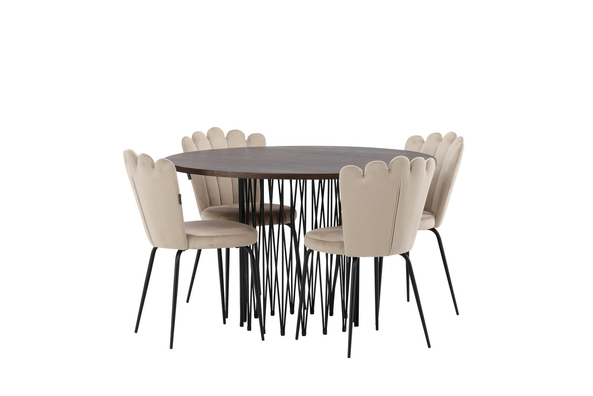 Rundes Esszimmerset mit Steinlook-Tisch aus MDF und Mocca-Furnier, schwarzem Metallgestell und vier Limhamn-Stühlen mit beigem Samtbezug.