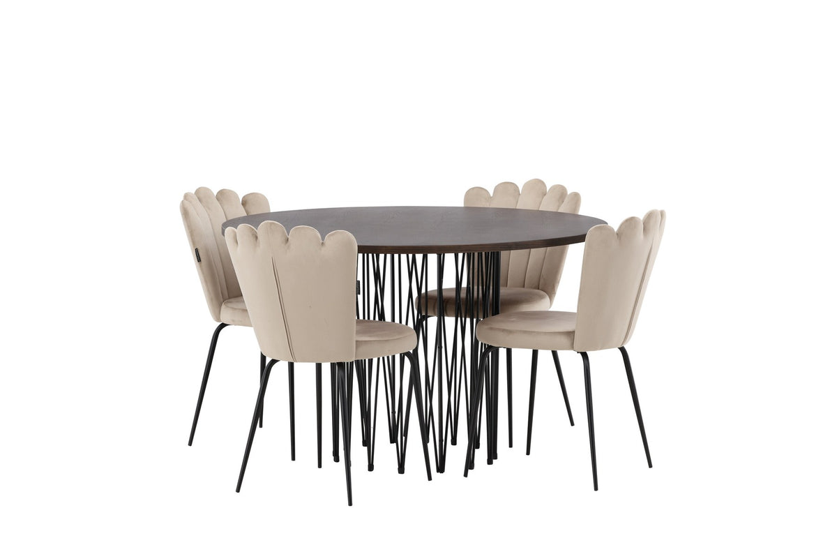Rundes Esszimmerset mit Steinlook-Tisch aus MDF und Mocca-Furnier, schwarzem Metallgestell und vier Limhamn-Stühlen mit beigem Samtbezug.