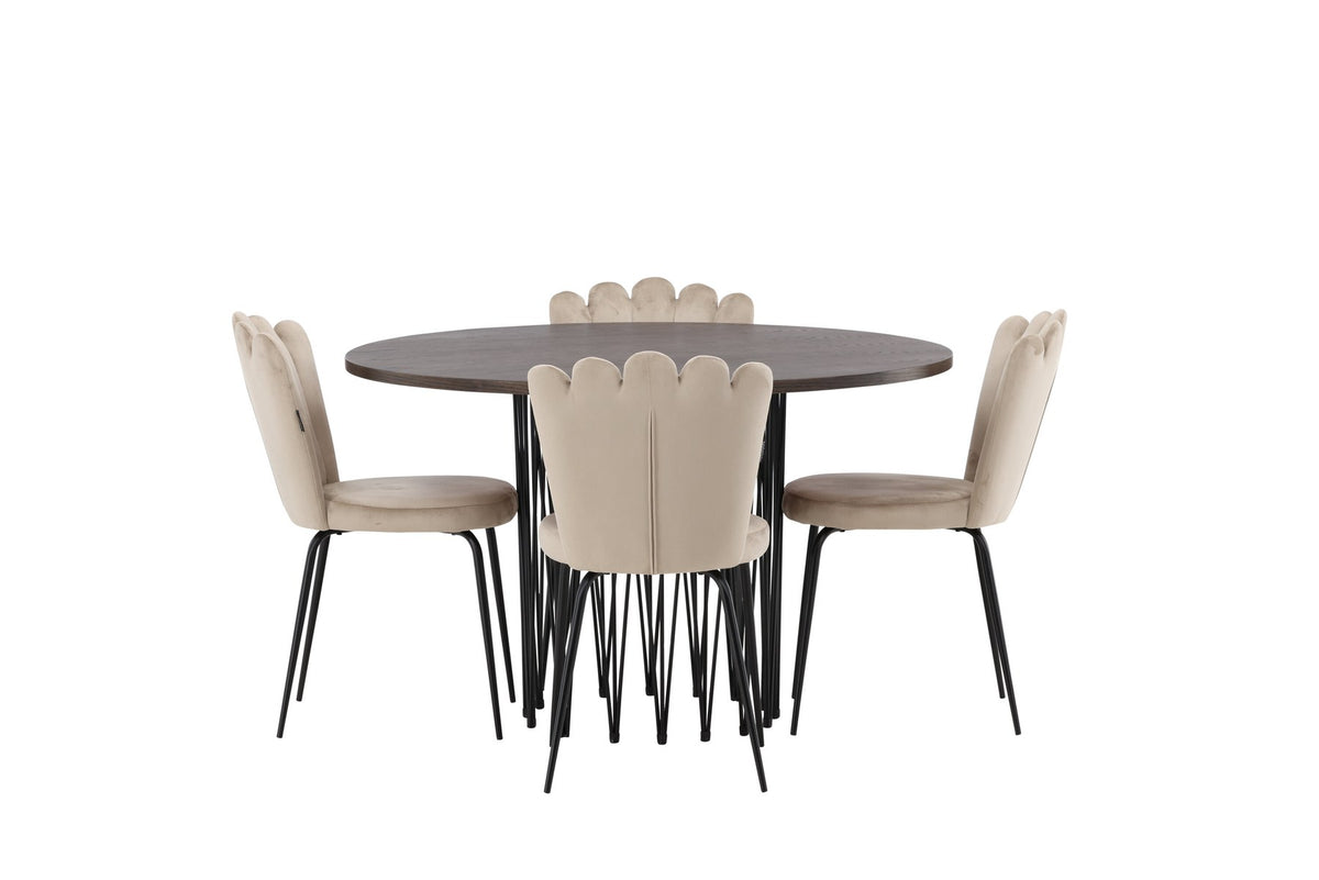 Rundes Esszimmerset mit Steinlook-Tisch aus MDF und Mocca-Furnier, schwarzem Metallgestell und vier Limhamn-Stühlen mit beigem Samtbezug.