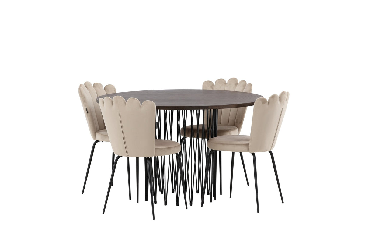Rundes Esszimmerset mit Steinlook-Tisch aus MDF und Mocca-Furnier, schwarzem Metallgestell und vier Limhamn-Stühlen mit beigem Samtbezug.
