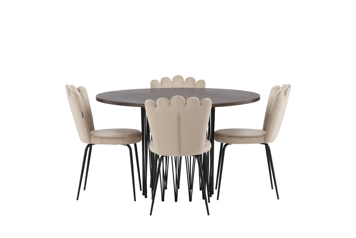 Rundes Esszimmerset mit Steinlook-Tisch aus MDF und Mocca-Furnier, schwarzem Metallgestell und vier Limhamn-Stühlen mit beigem Samtbezug.