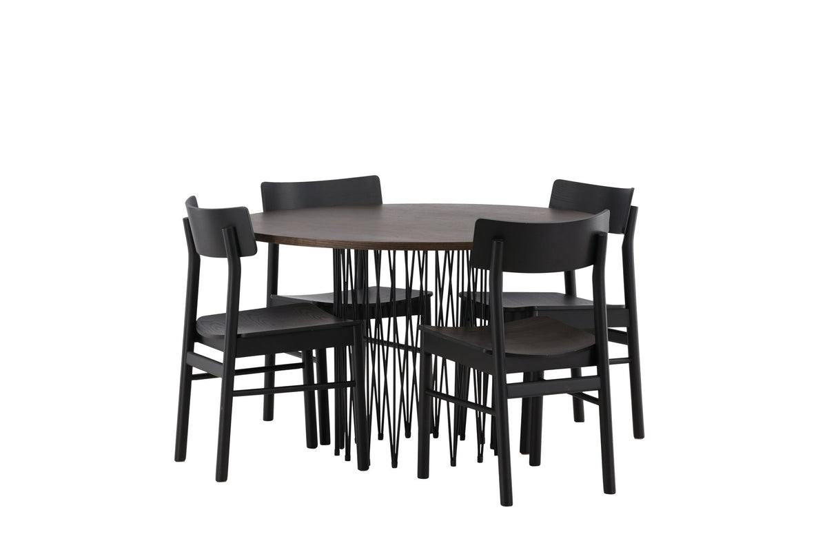 Rundes Esszimmerset mit Steinlook-Tisch aus MDF und Mocca-Furnier, schwarzem Metallgestell und vier Limhamn-Stühlen mit beigem Samtbezug.