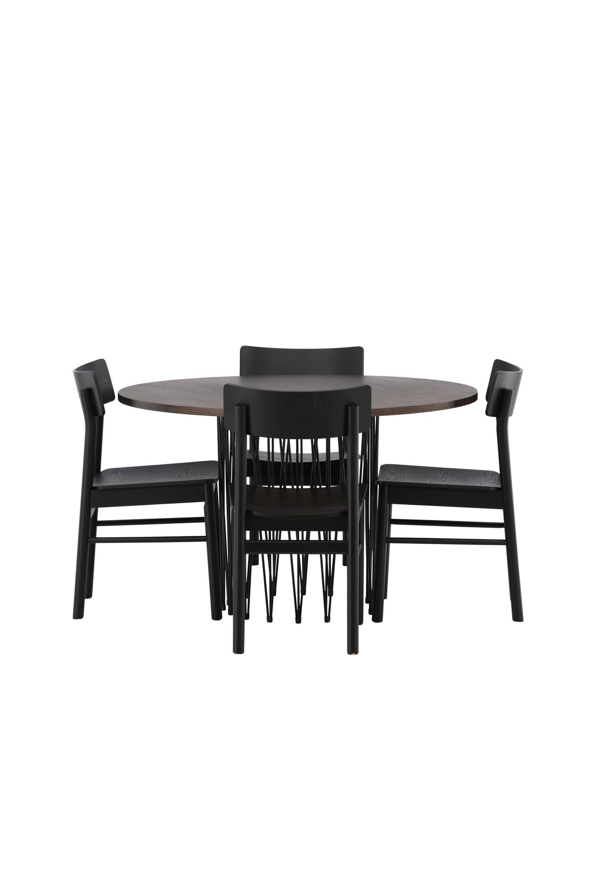 Rundes Esszimmerset mit Steinlook-Tisch aus MDF und Mocca-Furnier, schwarzem Metallgestell und vier Limhamn-Stühlen mit beigem Samtbezug.