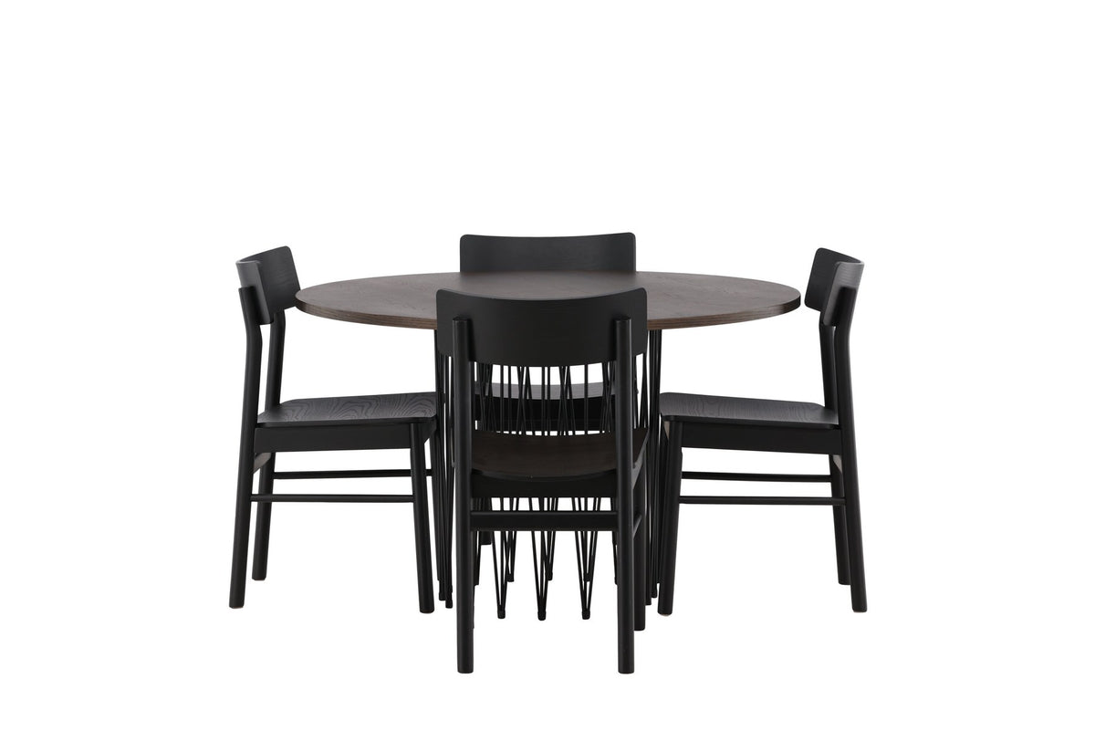Rundes Esszimmerset mit Steinlook-Tisch aus MDF und Mocca-Furnier, schwarzem Metallgestell und vier Limhamn-Stühlen mit beigem Samtbezug.