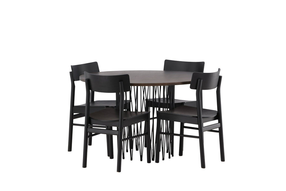 Rundes Esszimmerset mit Steinlook-Tisch aus MDF und Mocca-Furnier, schwarzem Metallgestell und vier Limhamn-Stühlen mit beigem Samtbezug.