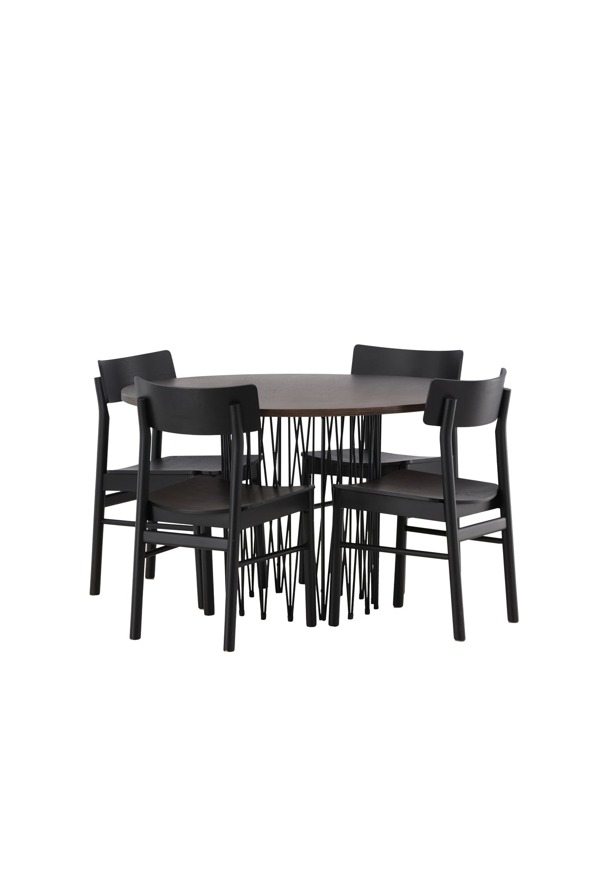 Rundes Esszimmerset mit Steinlook-Tisch aus MDF und Mocca-Furnier, schwarzem Metallgestell und vier Limhamn-Stühlen mit beigem Samtbezug.