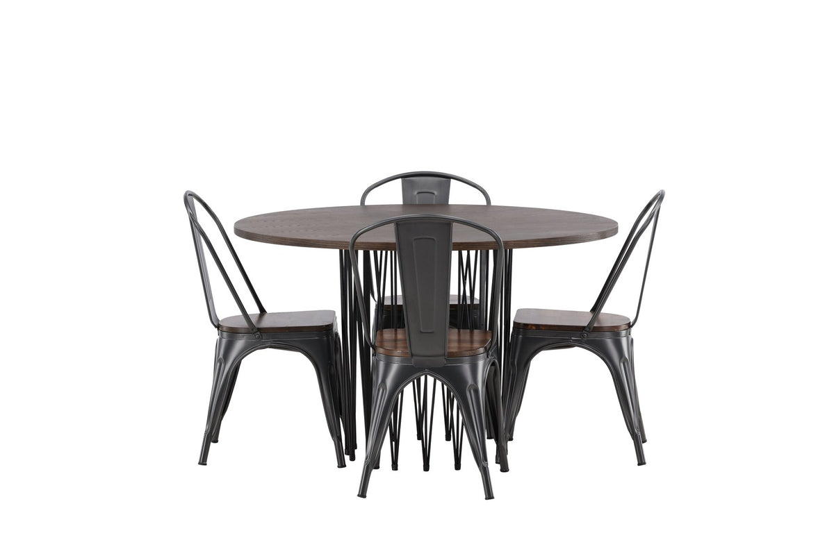 Rundes Esszimmerset mit Steinlook-Tisch aus MDF und Mocca-Furnier, schwarzem Metallgestell und vier Limhamn-Stühlen mit beigem Samtbezug.