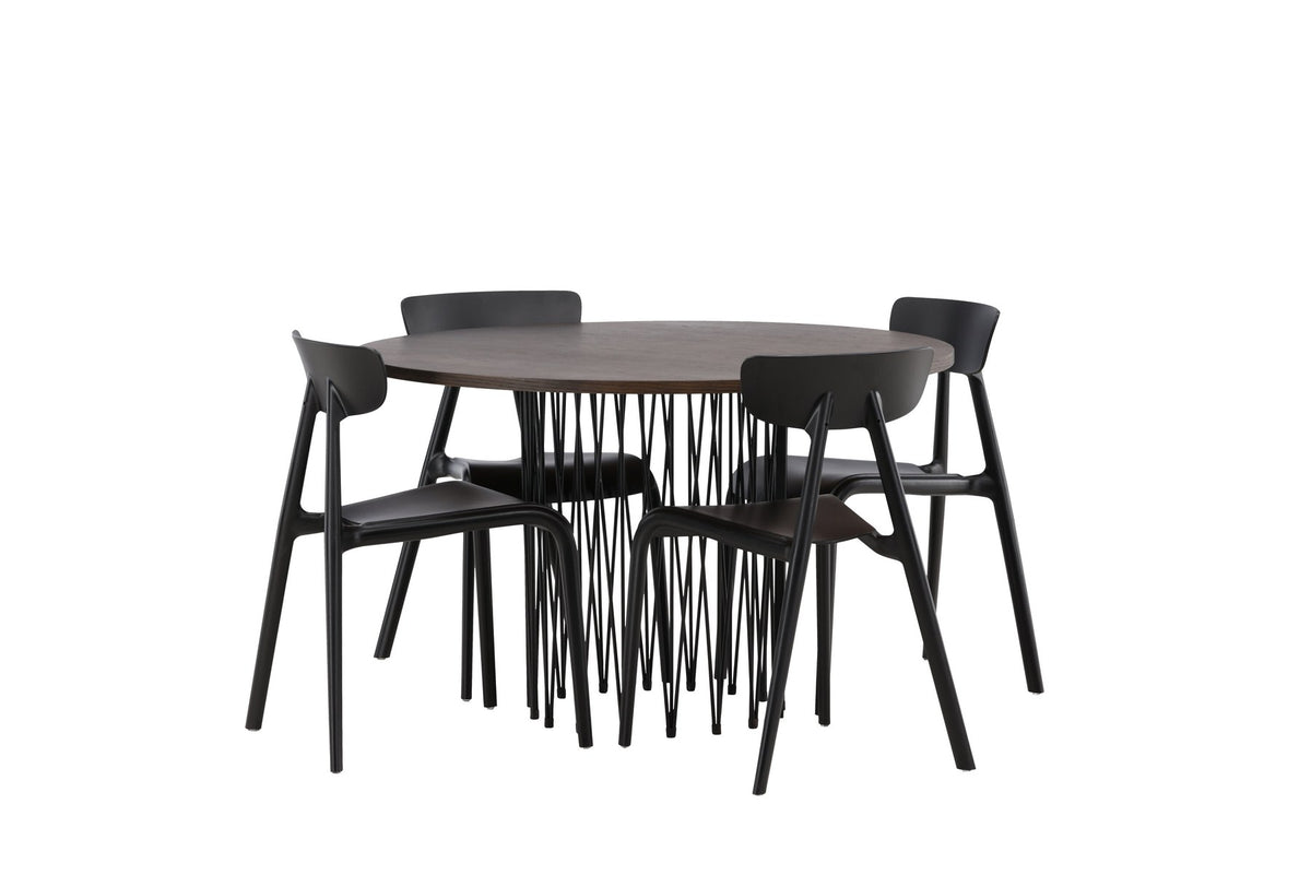 Rundes Esszimmerset mit Steinlook-Tisch aus MDF und Mocca-Furnier, schwarzem Metallgestell und vier Limhamn-Stühlen mit beigem Samtbezug.