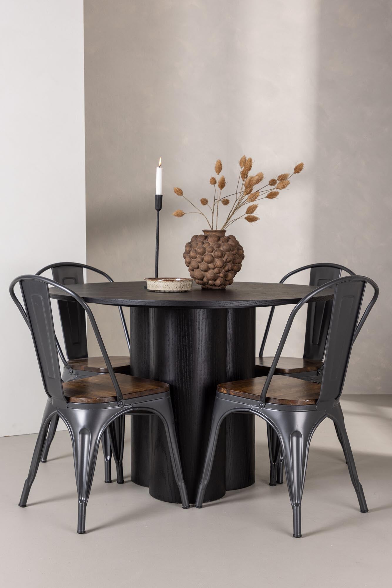 Modernes Esszimmer Set Olivia: Stilvoller runder Tisch (⌀110cm) mit 4 ergonomischen Tempe-Stühlen aus hochwertigem Metall und Holz.