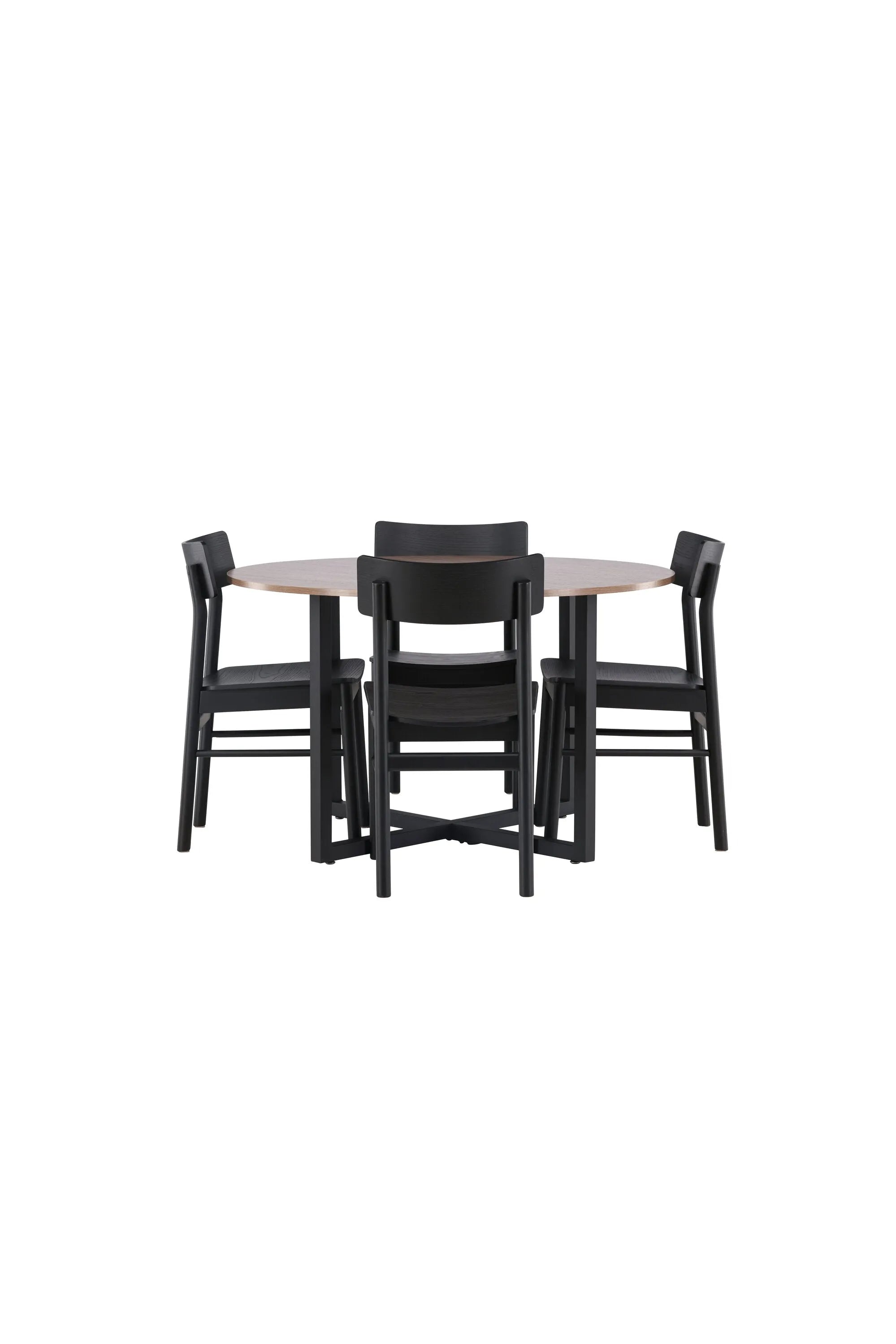 Elegantes Esszimmerset: Durango-Tisch (120cm, MDF, Stahlbeine) & 4 Montros-Stühle (schwarz, Birkenrahmen). Stilvoll & einladend.