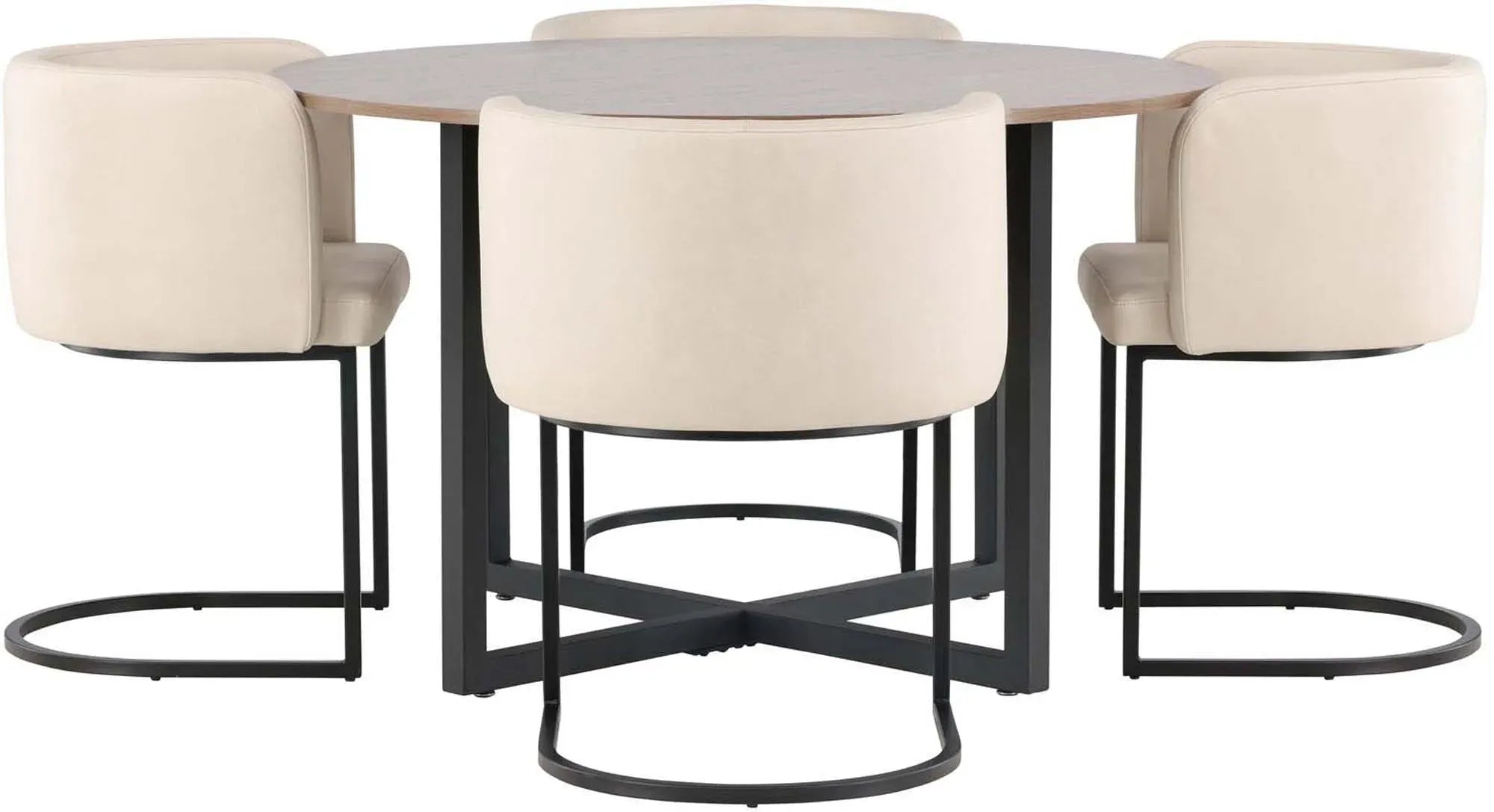 Modernes Esszimmerset mit Walnussoptik, schwarzem Stahl und beigem TC-Stoff. Ideal für kleine Räume, stilvoll und komfortabel.