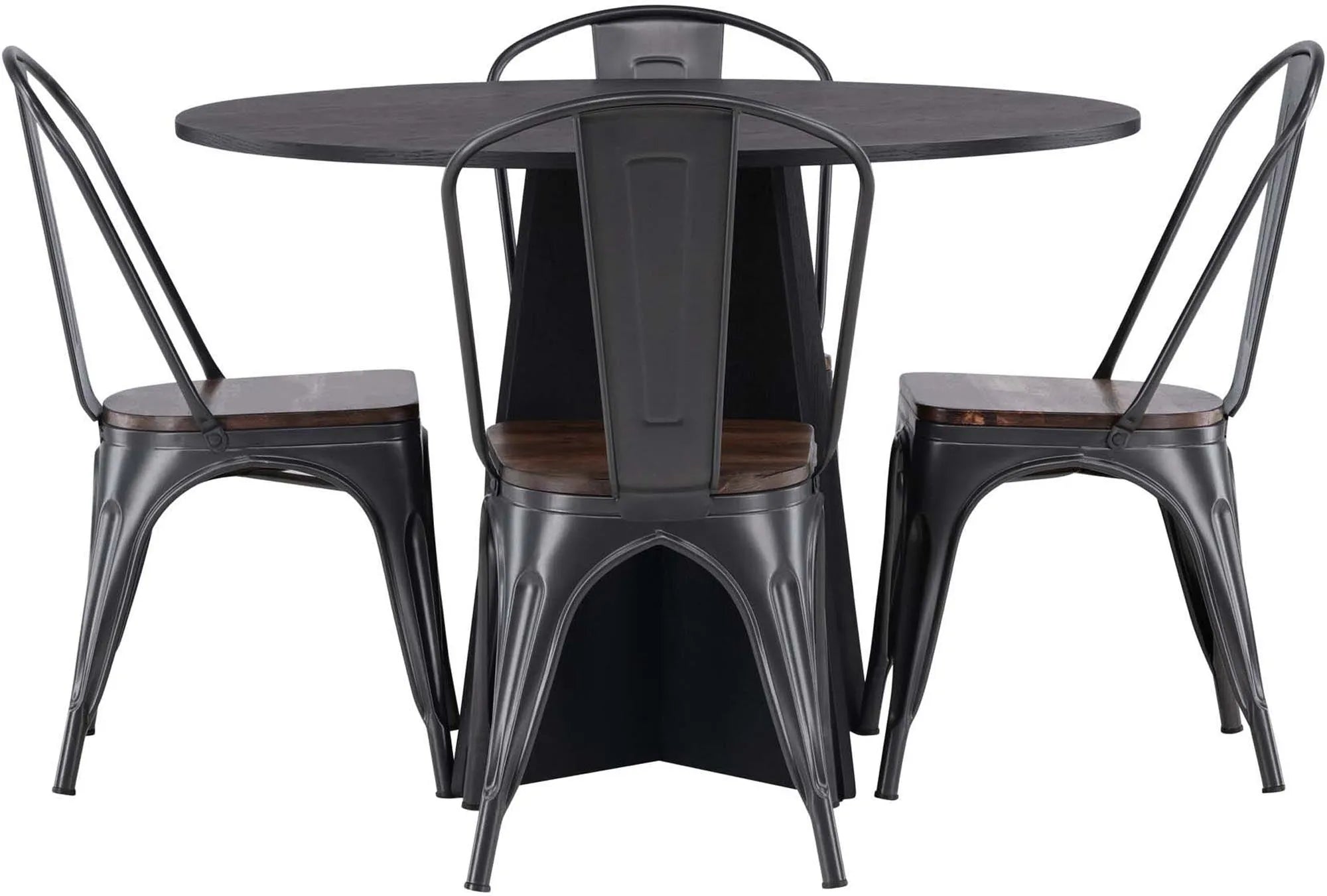 Stilvolles Esszimmerset: Schwarzer Tisch (⌀110cm) & 4 Tempe-Stühle, MDF & Stahl, für gesellige Runden. Eleganz & Komfort.