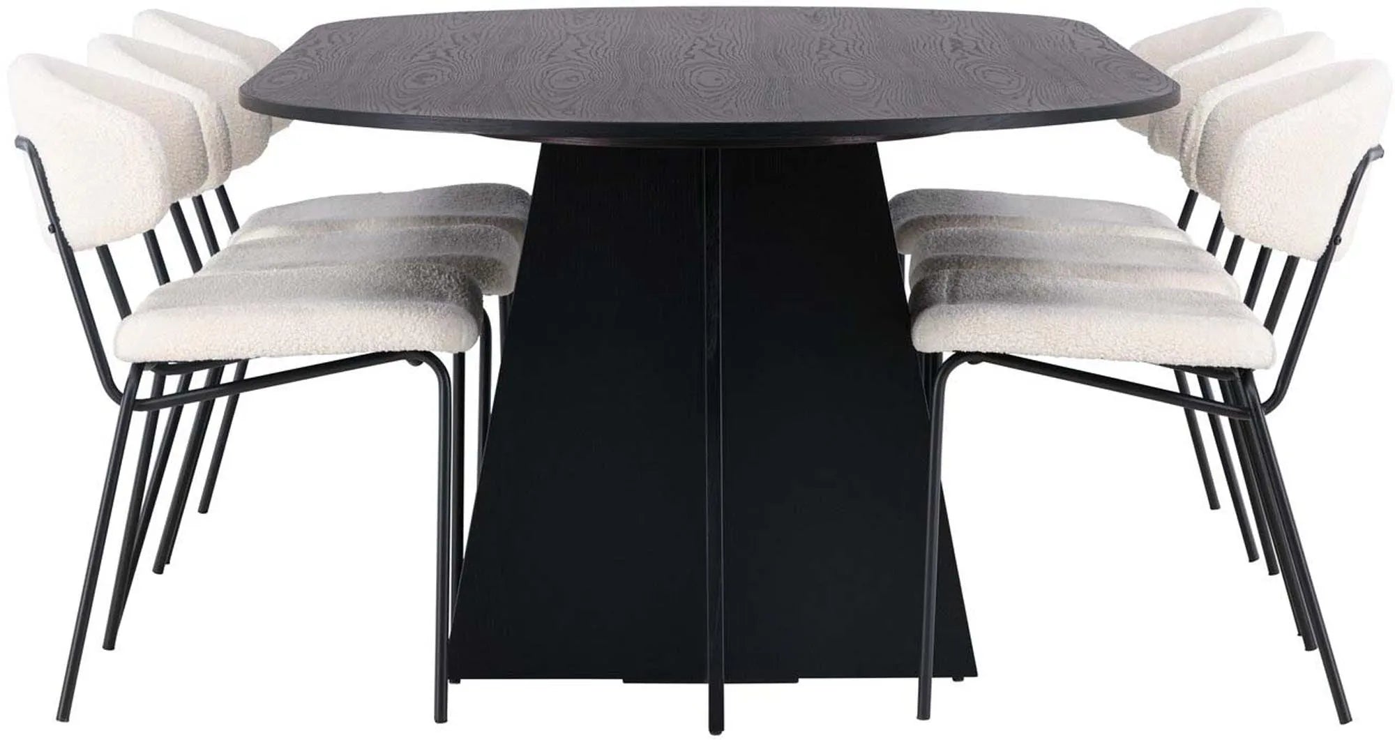Elegantes Bootcut Esszimmerset von Venture Home: Schwarzer MDF-Tisch mit Furnier, 6 weiße Bouclé-Stühle, modern und komfortabel.
