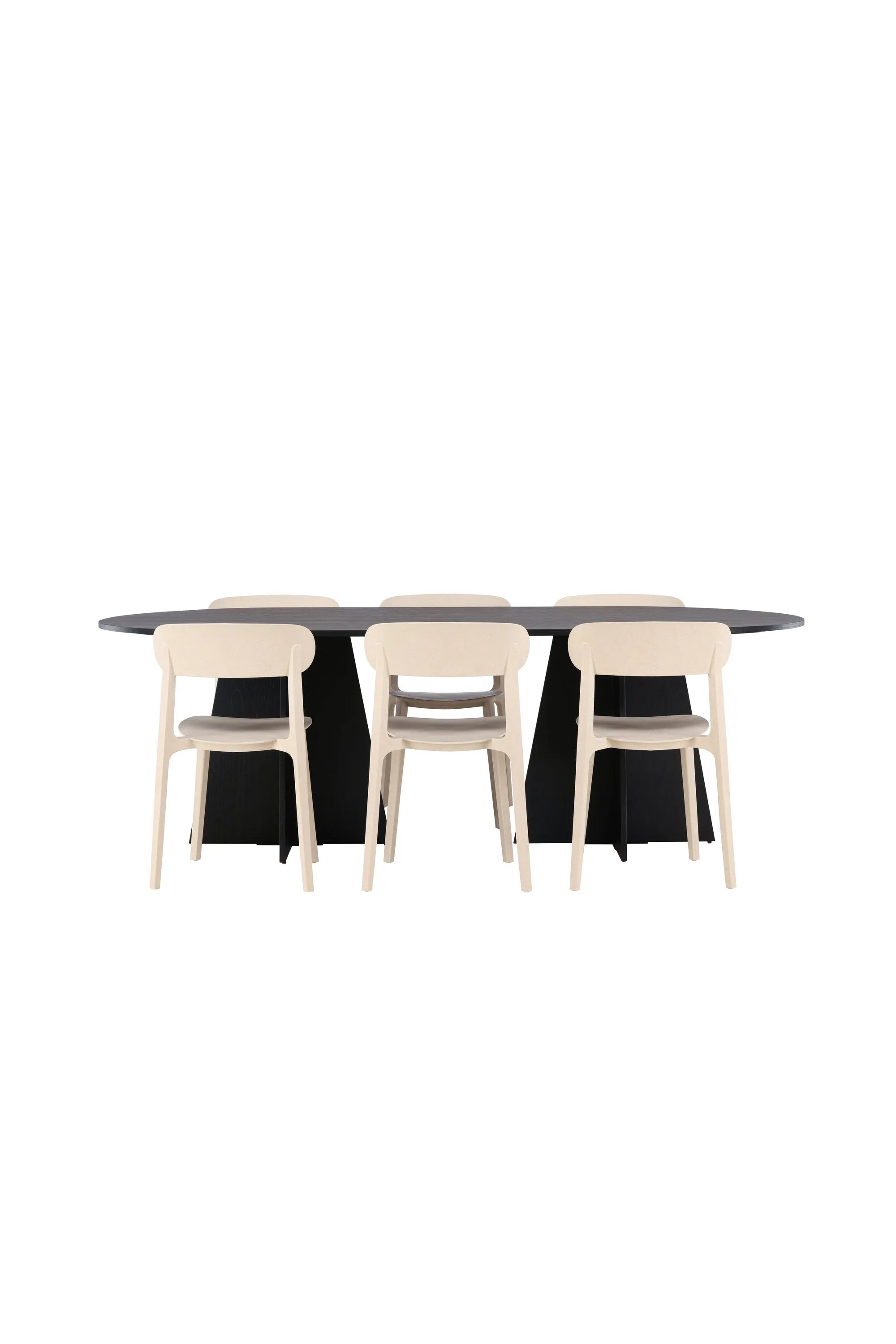 Eleganter ovaler Esstisch aus nachhaltigem Holz mit schwarzem MDF-Furnier, kombiniert mit stilvollen Åstol-Holzstühlen im nordischen Design. Perfekt für Ihr Wohnzimmer.