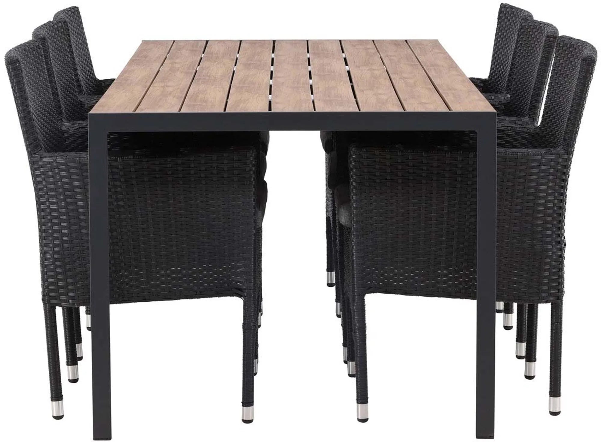 Stilvolles Outdoor-Tischset von Venture Home: Nordisches Design, robuster Sperrholztisch, wetterfeste Alubeine, bequeme Kunstrattan-Stühle.