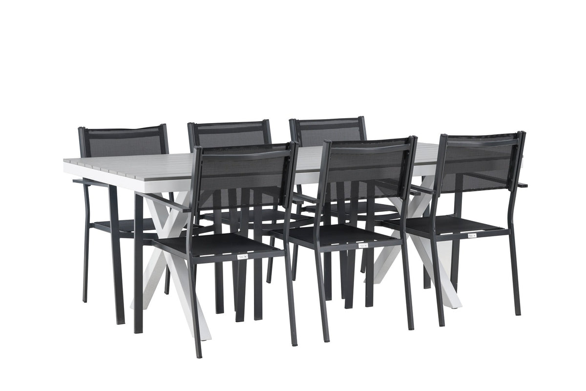 Rechteckiger Gartentisch Garcia mit Aluminiumgestell und Aintwood-Platte, umgeben von sechs stapelbaren Copacabana-Stühlen mit Textilene-Sitzfläche.