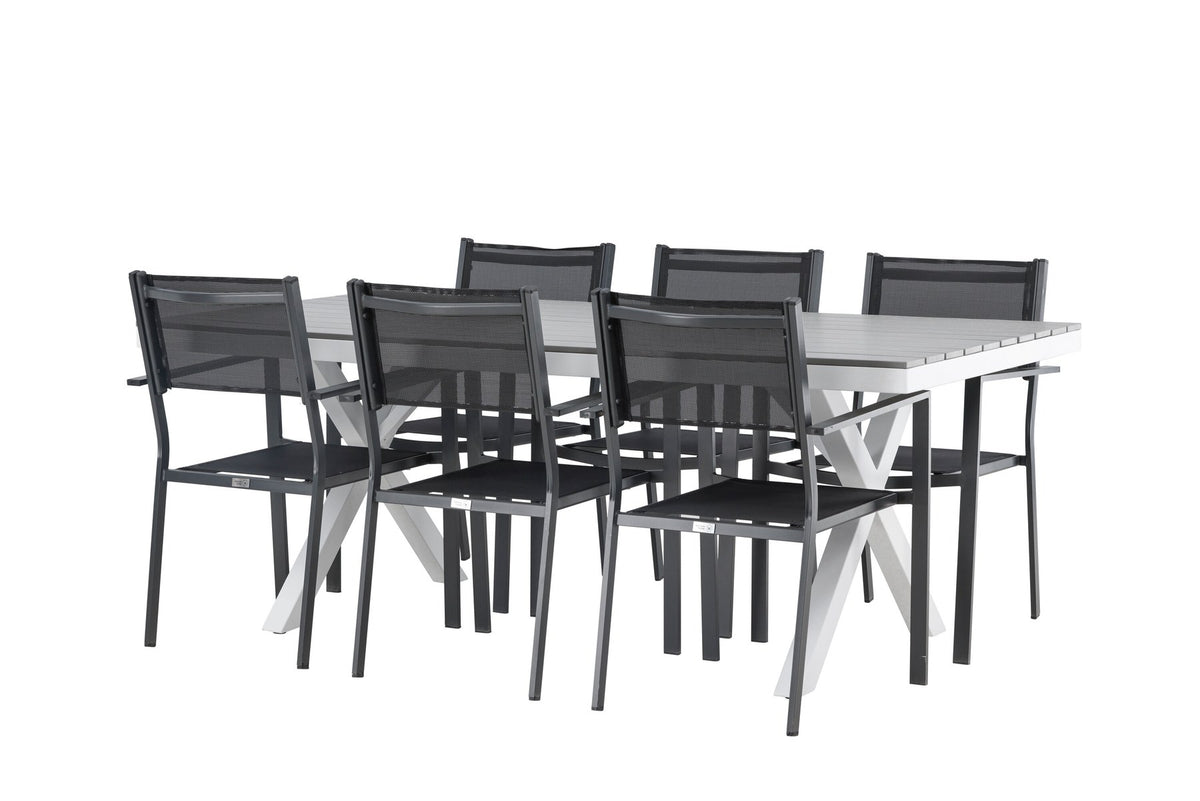 Rechteckiger Gartentisch Garcia mit Aluminiumgestell und Aintwood-Platte, umgeben von sechs stapelbaren Copacabana-Stühlen mit Textilene-Sitzfläche.