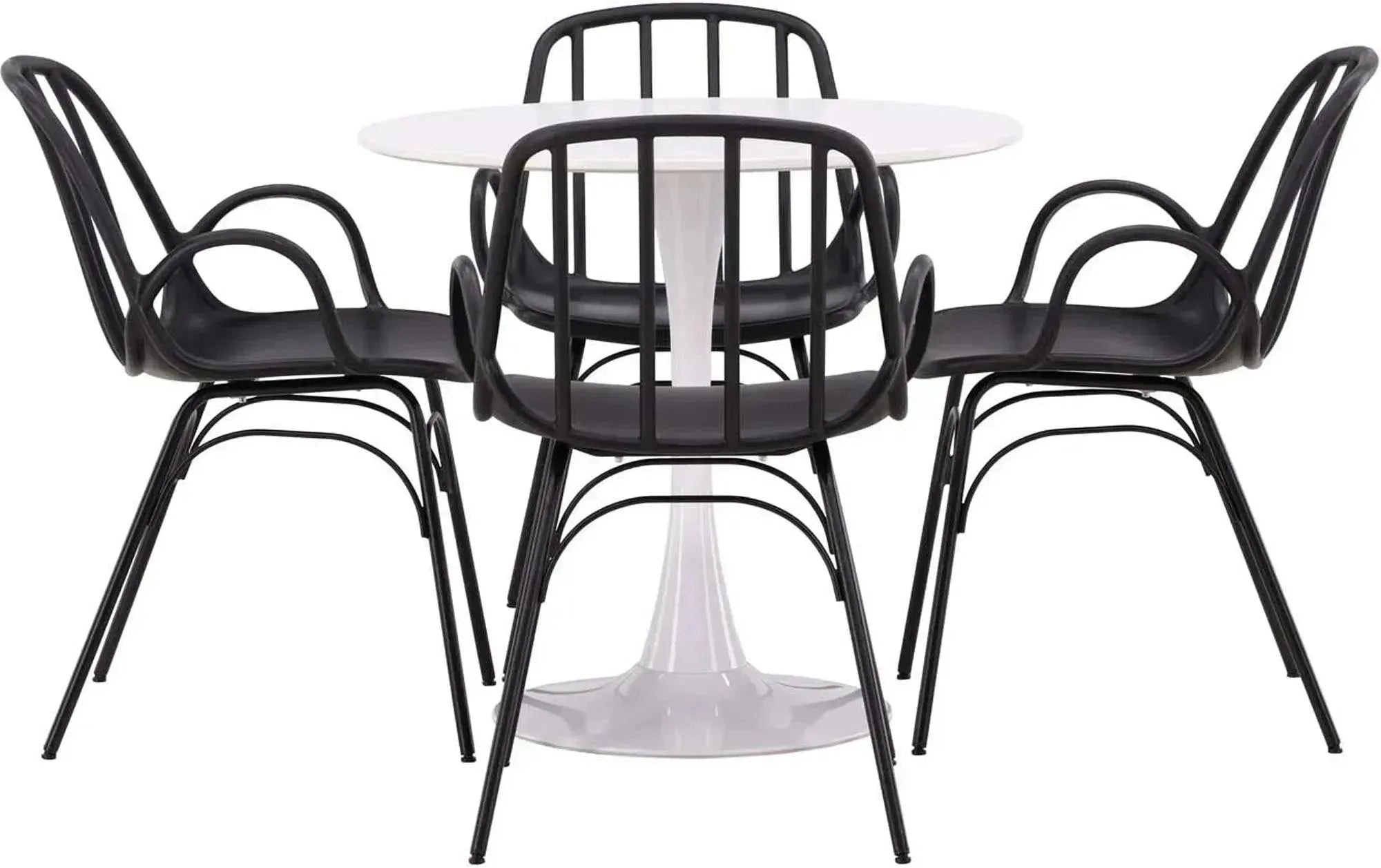 Modernes Esszimmerset: Hamden-Tisch (80cm, weiß) & 4 Dyrön-Stühle (schwarz, Stahl). Stilvoll, funktional, pflegeleicht.