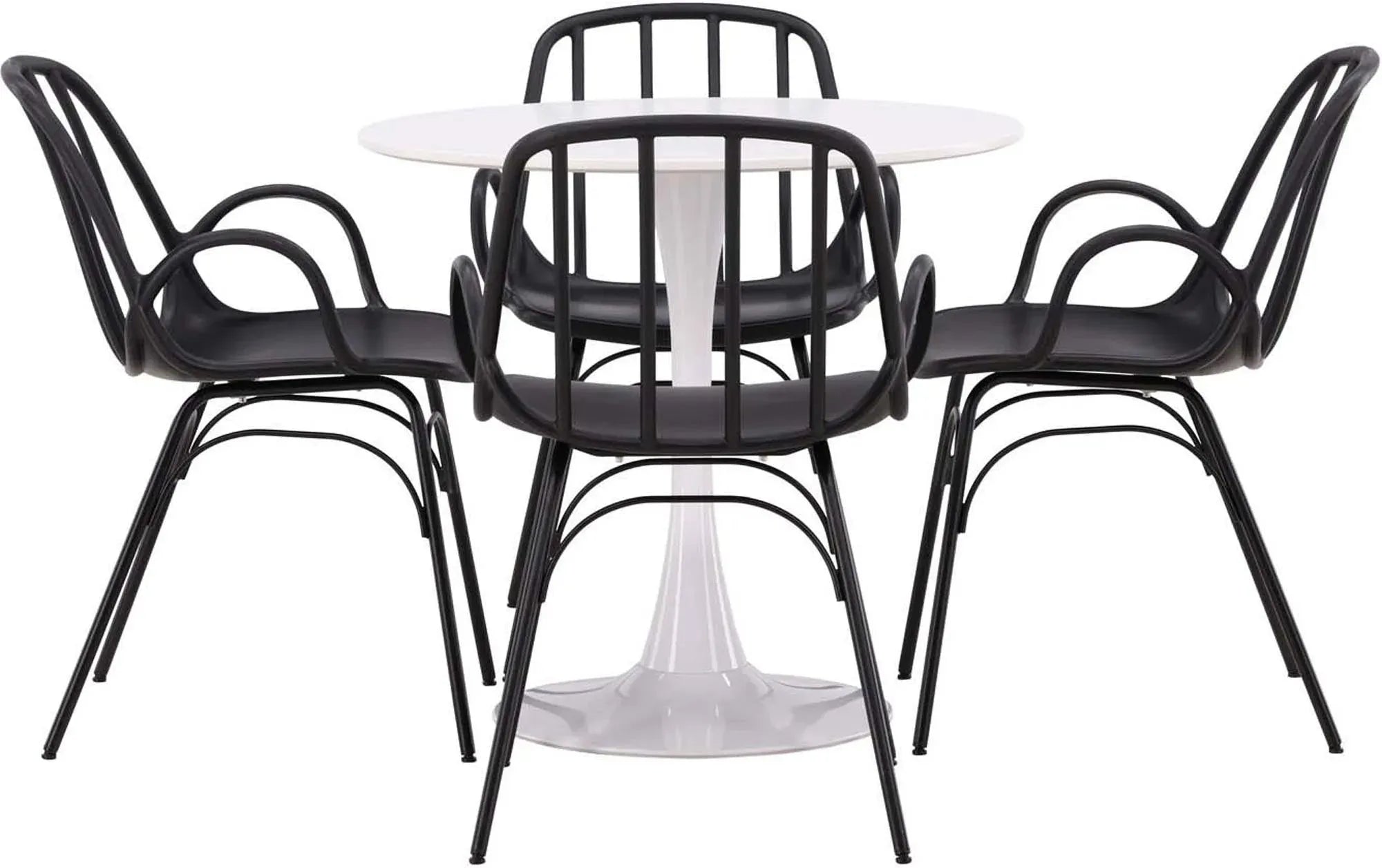 Modernes Esszimmerset: Hamden-Tisch (80cm, weiß) & 4 Dyrön-Stühle (schwarz, Stahl). Stilvoll, funktional, pflegeleicht.