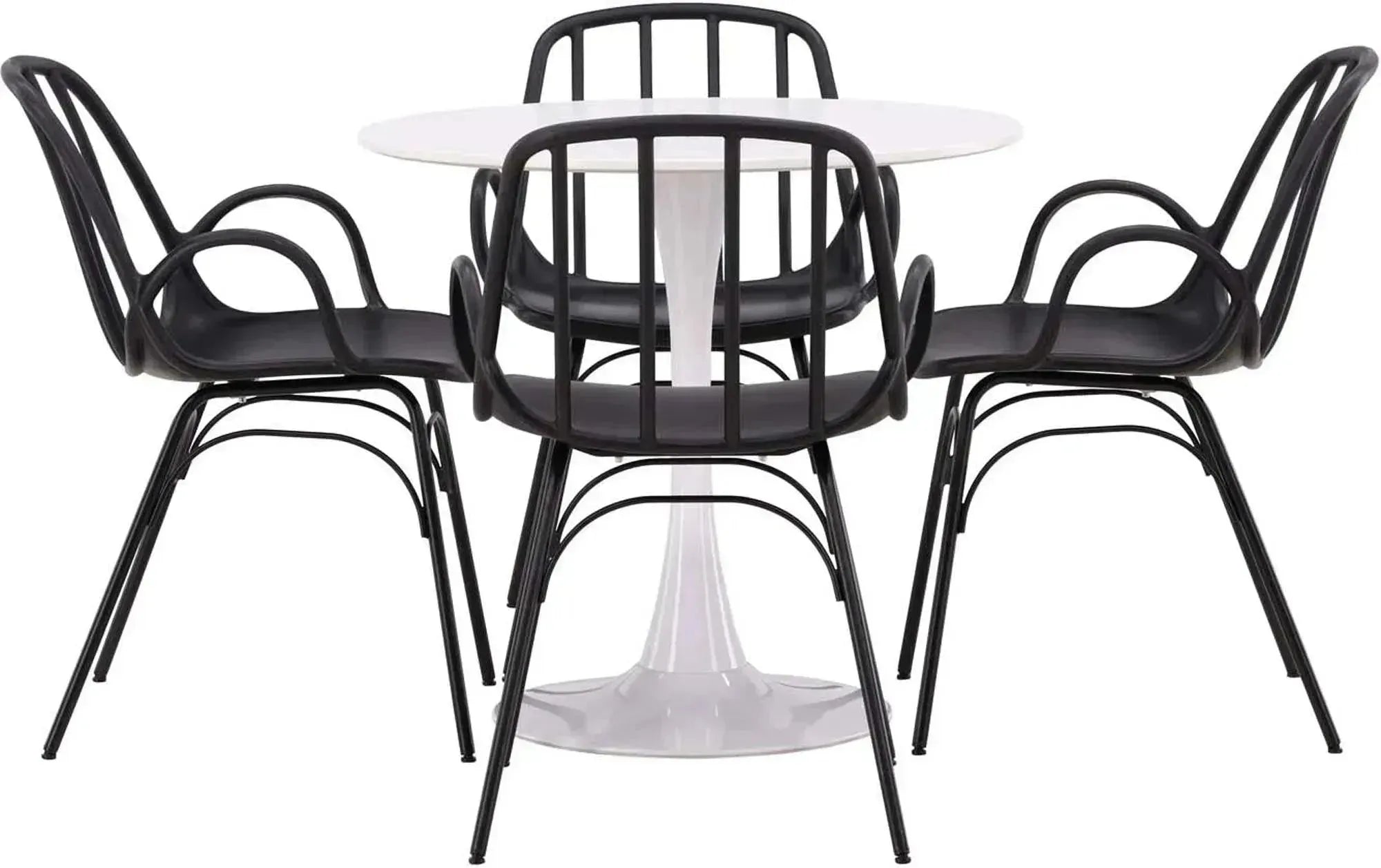 Modernes Esszimmerset: Hamden-Tisch (80cm, weiß) & 4 Dyrön-Stühle (schwarz, Stahl). Stilvoll, funktional, pflegeleicht.