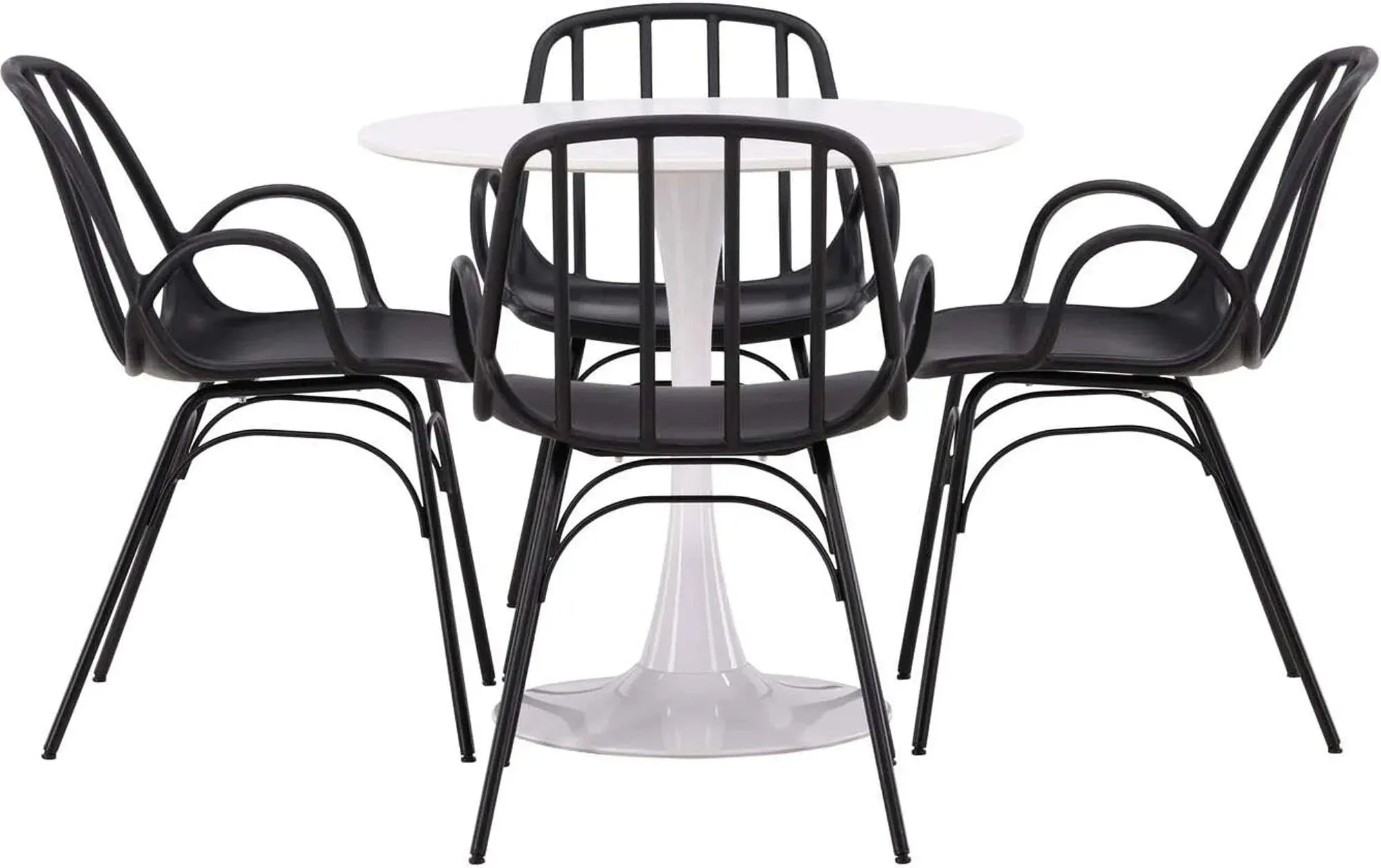 Modernes Esszimmerset: Hamden-Tisch (80cm, weiß) & 4 Dyrön-Stühle (schwarz, Stahl). Stilvoll, funktional, pflegeleicht.