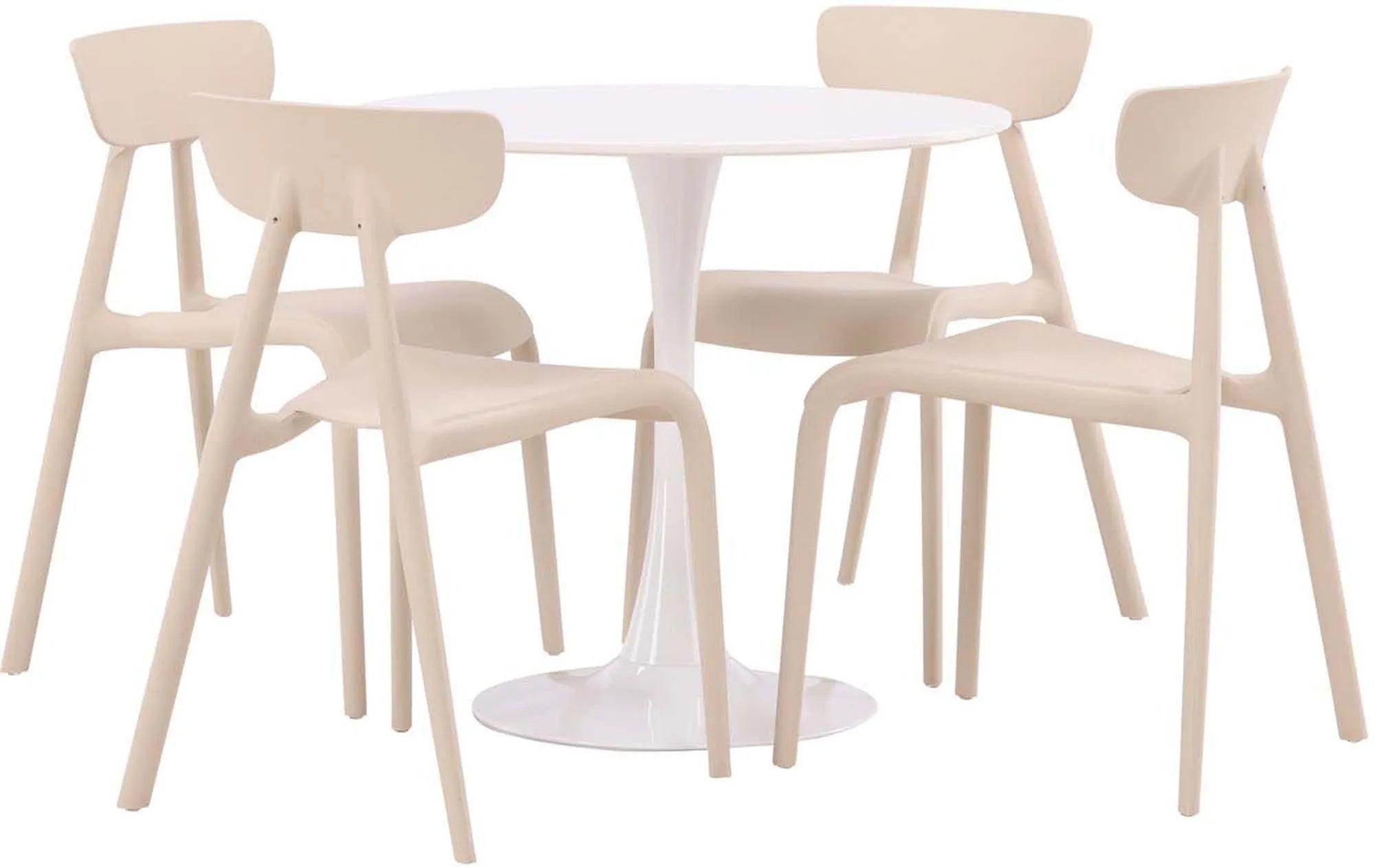 Modernes Esszimmerset mit rundem Tisch und vier bequemen Stühlen.