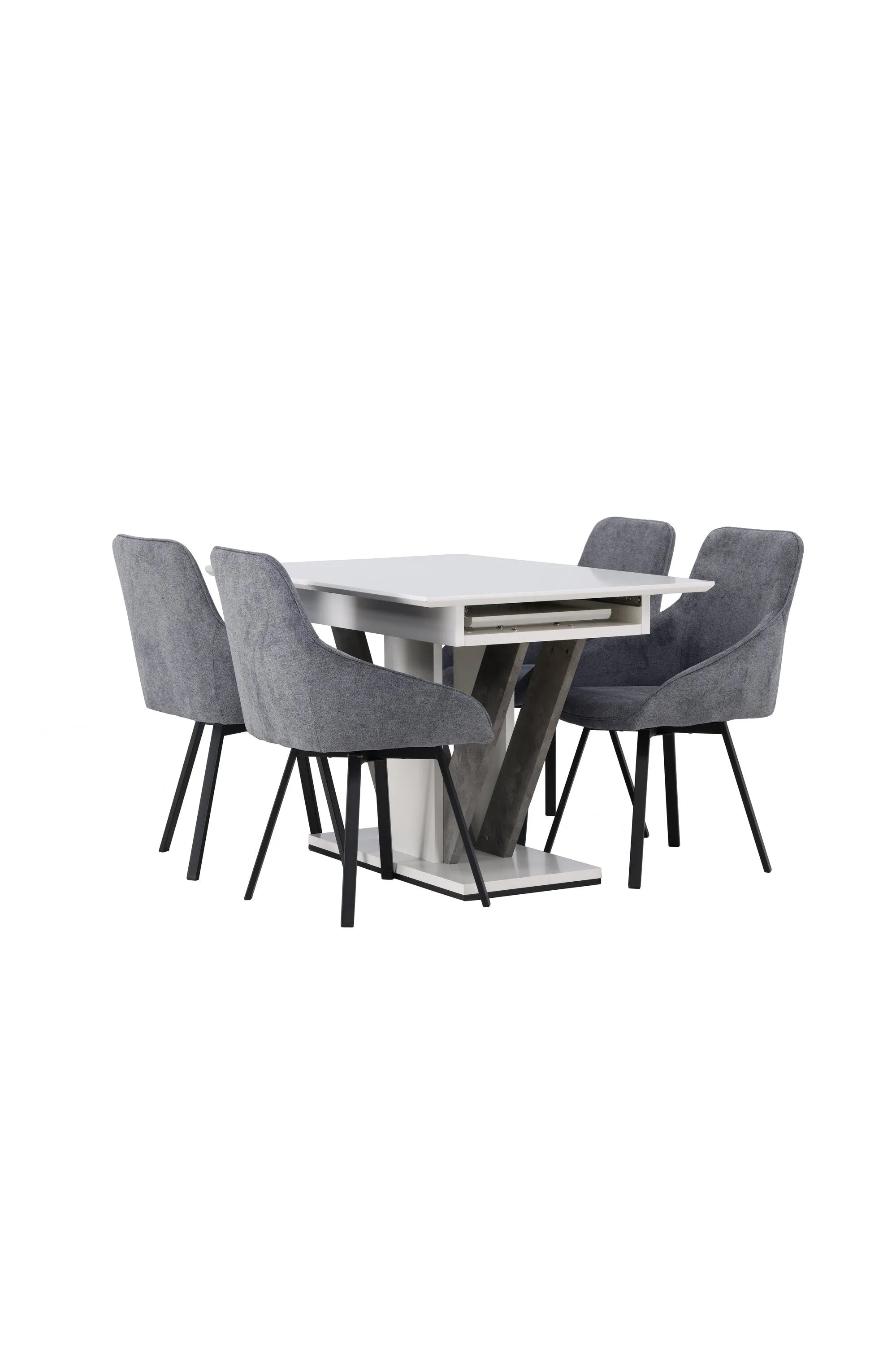 Elegantes Esszimmer Set: Weißer Tisch Disa, graue Stühle Rosie, skandinavisches Design, modern und funktional.