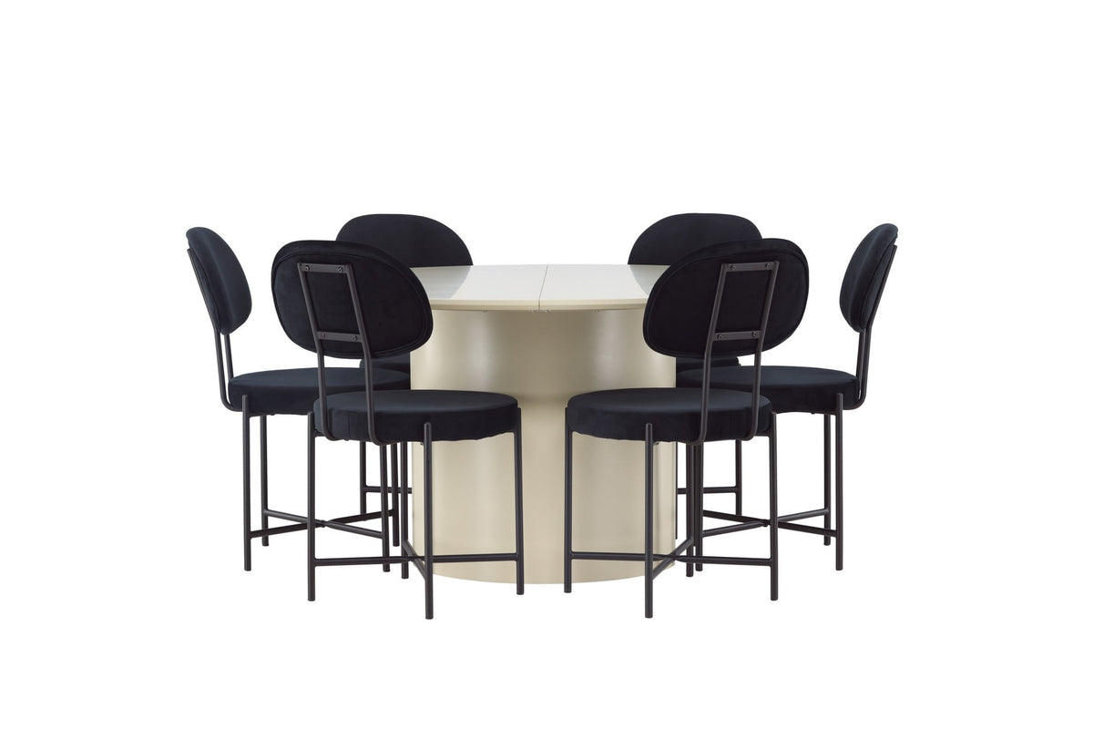 Esszimmerset mit rundem Esstisch Ø140 cm aus MDF in Beige mit PU-Lackierung und zwei schwarzen Stühlen mit Samtbezug und Stahlbeinen von Venture Home