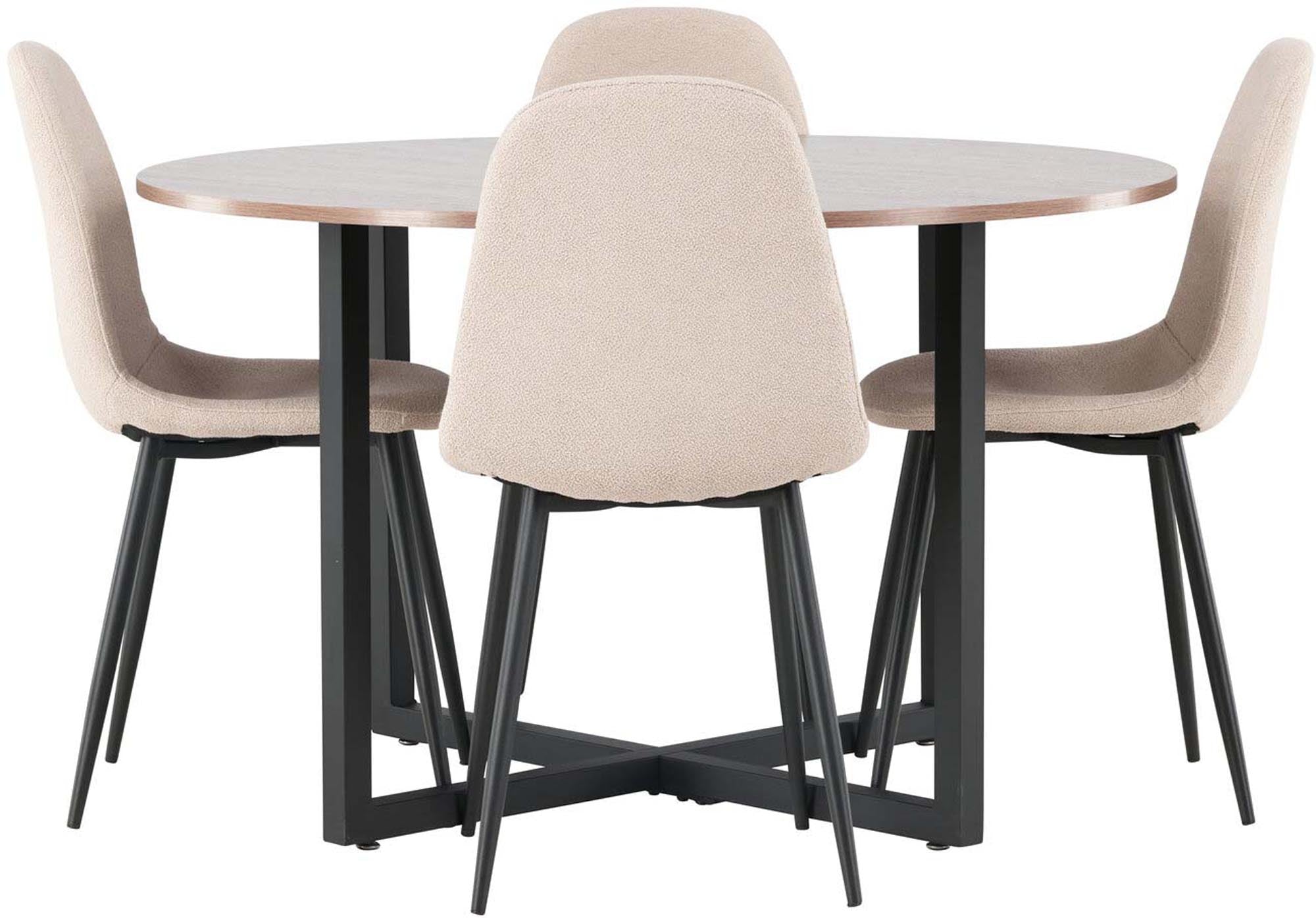 Elegantes Esszimmerset im skandinavischen Stil mit rundem Tisch und bequemen Stühlen für stilvolle Dinner.